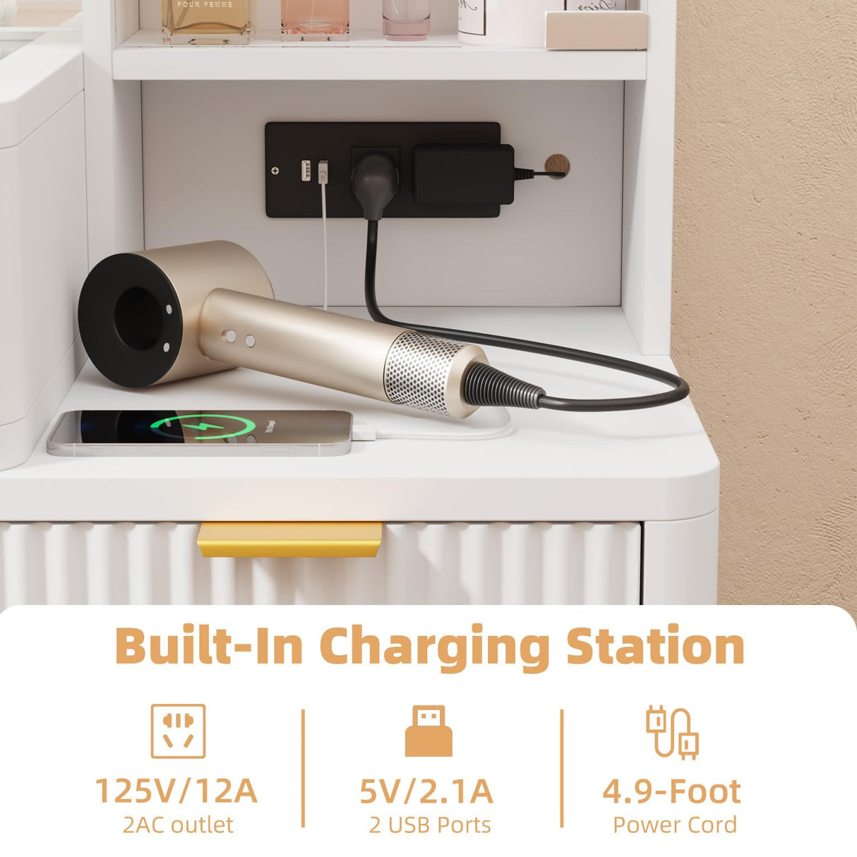 EROMMY 48" Fluted Makeup Vanity Desk with 36" Large Mirror and Lights, Big Vanity Table with 5 Drawers, 3 Storage Shelves and Charging Station, Modern Glass Top Dressing Table Set for Bedroom EROMMY