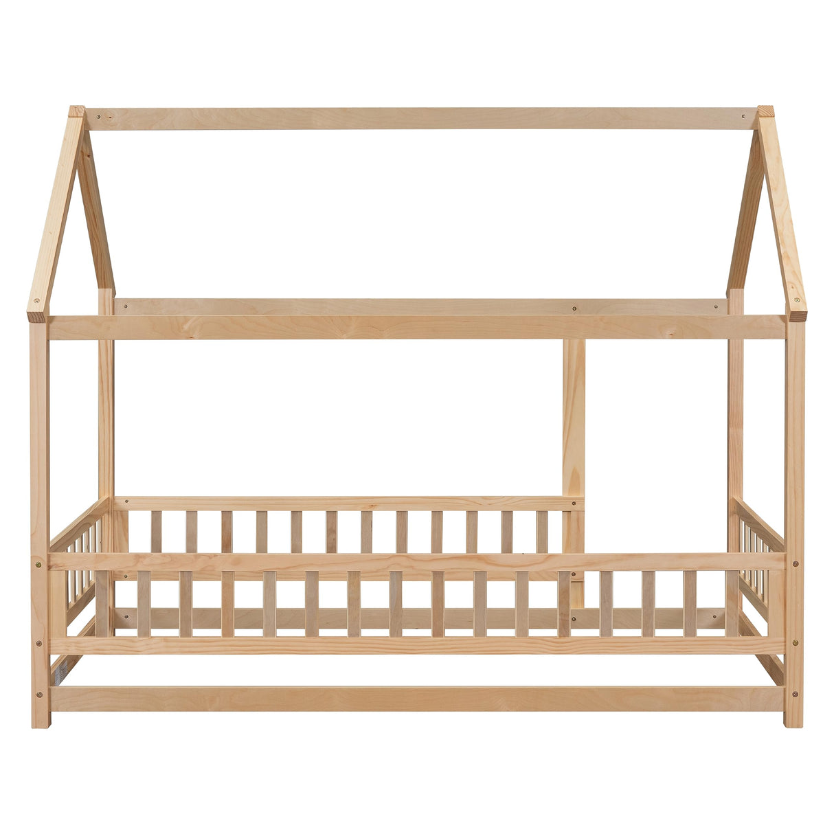 Bellemave Wooden Montessori Twin Size House Bed with Fence and Roof for Kids - Playhouse Frame in Natural Finish Bellemave