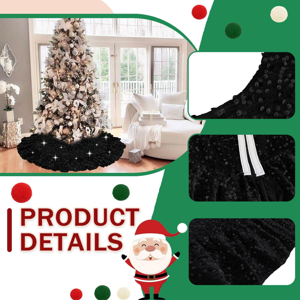 Glissora Black Christmas Tree Skirt 45 Inch Sequin Ruffle Tree Skirts Night Mare Before Christmas Tree Skirt for Halloween Tree Floor Mat Velvet Ruffled Tree Skiet for Pencil Tree Xmas Holiday Decor Glissora