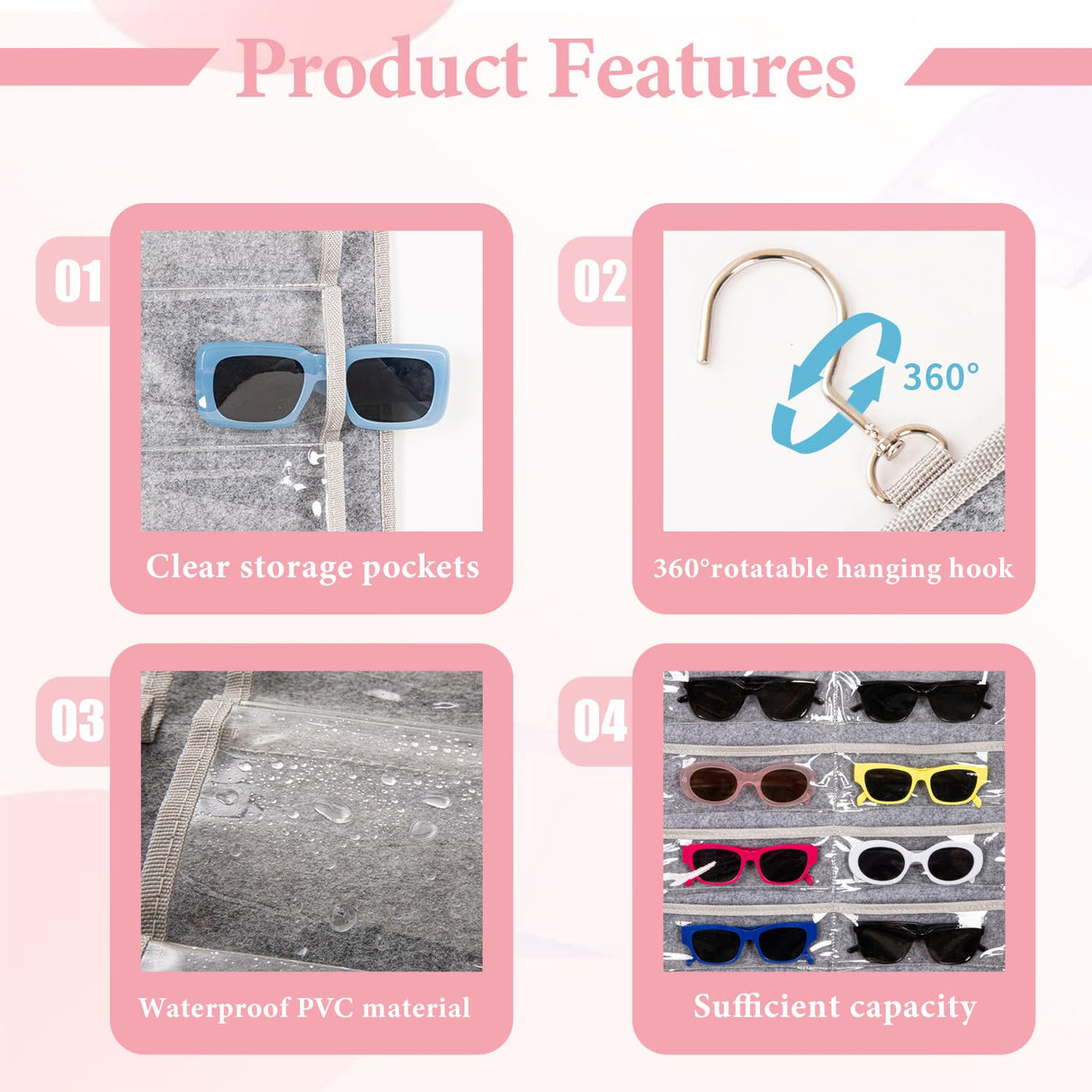 KGMCARE Dual Sided Sunglasses Storage organizer case, Eyeglasses Holder Wall Mounted with 32 Clear Slots & Metal Hook, Dust Proof Sunglasses Storage Case KGMCARE