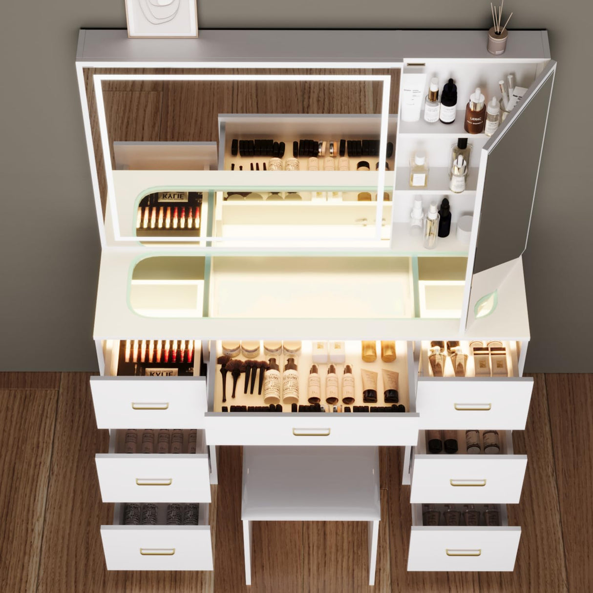 GLAUBIO Vanity Desk Set with Large LED Lighted Mirror, Makeup Table with 7 Drawers,Glass Tabletop Vanity Desk with Cabinet,Modern Vanity Table for Bedroom, White GLAUBIO