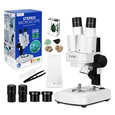 ESAKO Dual LED Kids Microscope - 52+ Piece Science Kit with Mineral & Insect Specimens, 10 Prepared Slides & 10 DIY Blank Slides, Microscope kit for Kids 8-12