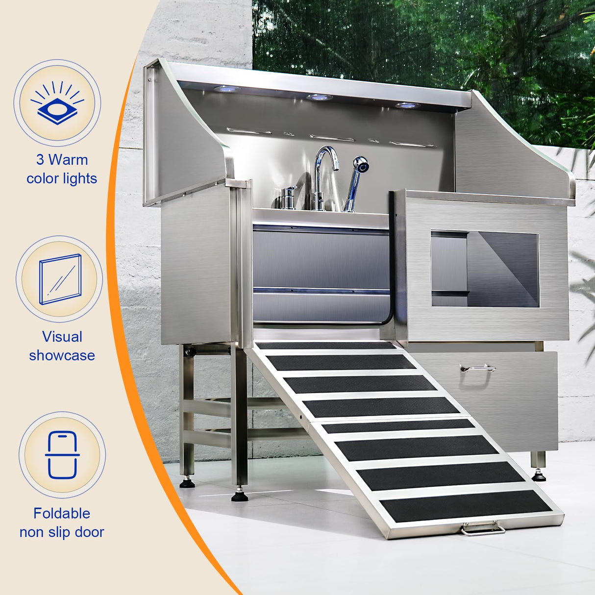 Dog Washing Station, LED Professional Stainless Steel Dog Bathing Station, Dog Bathtub for Large, Medium & Small Dog, Dog Grooming Tub with Window, Ramp, Drawer, Floor Grate & Fauct (Left RAMP, 50") polimo