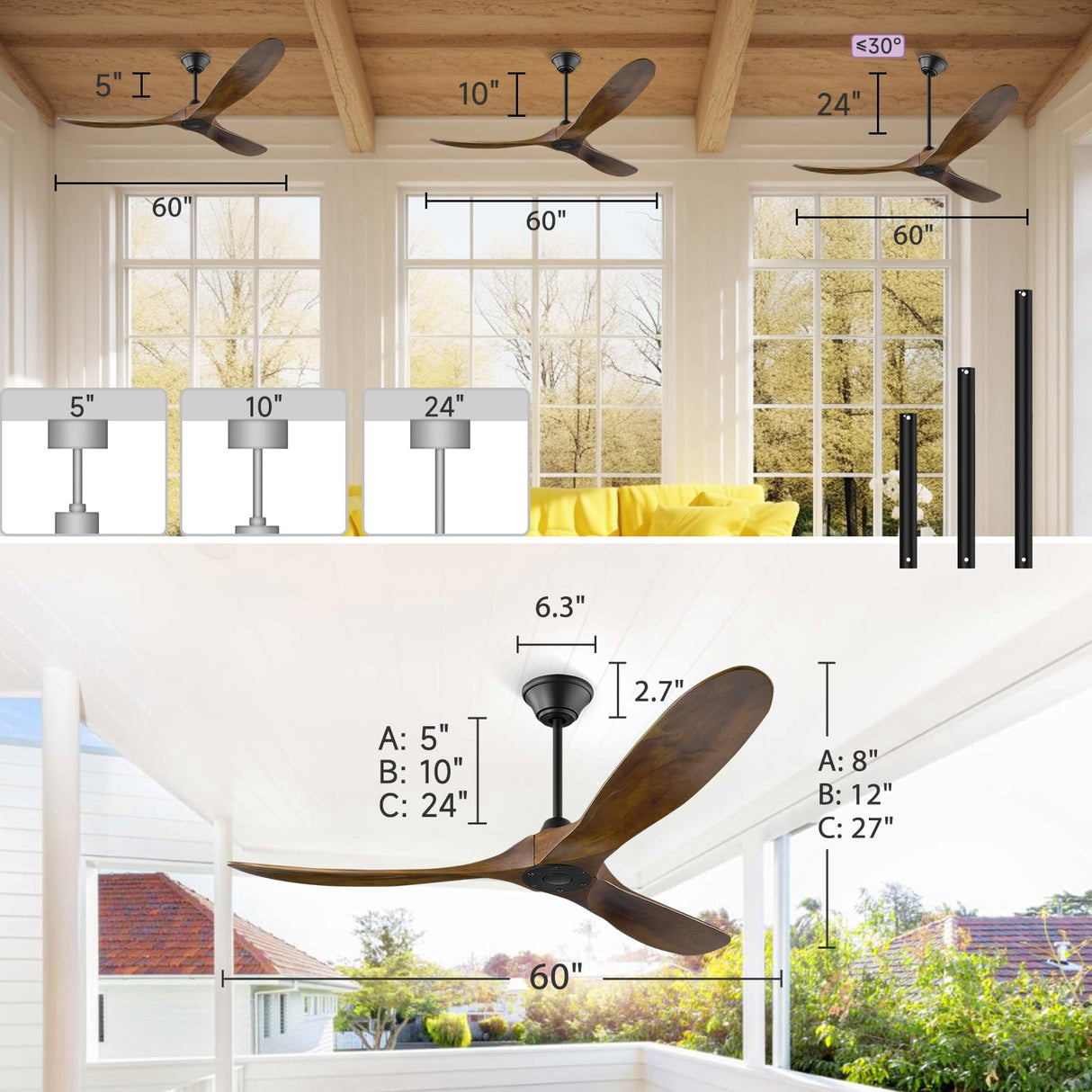 XCWIIE Modern Ceiling Fan No Light 60" Outdoor Ceiling Fans Retro Wood Ceiling Fans, 3 Balsa Wood Blades, DC Motor, for Restaurant Living Room Bedroom Inverter Silent Fan with Remote Timing Function XCWIIE