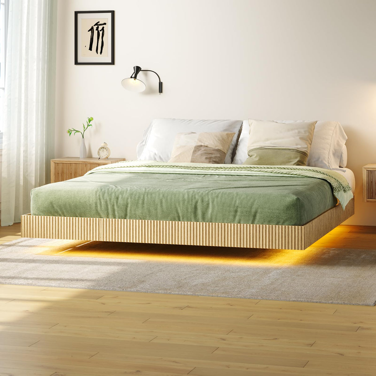 Tatub Natural King Floating Bed Frame with LED Lights, Modern Fluted Oak Platform Bed Frame Floating, Heavy Duty Metal Slats, No Box Spring Required Tatub