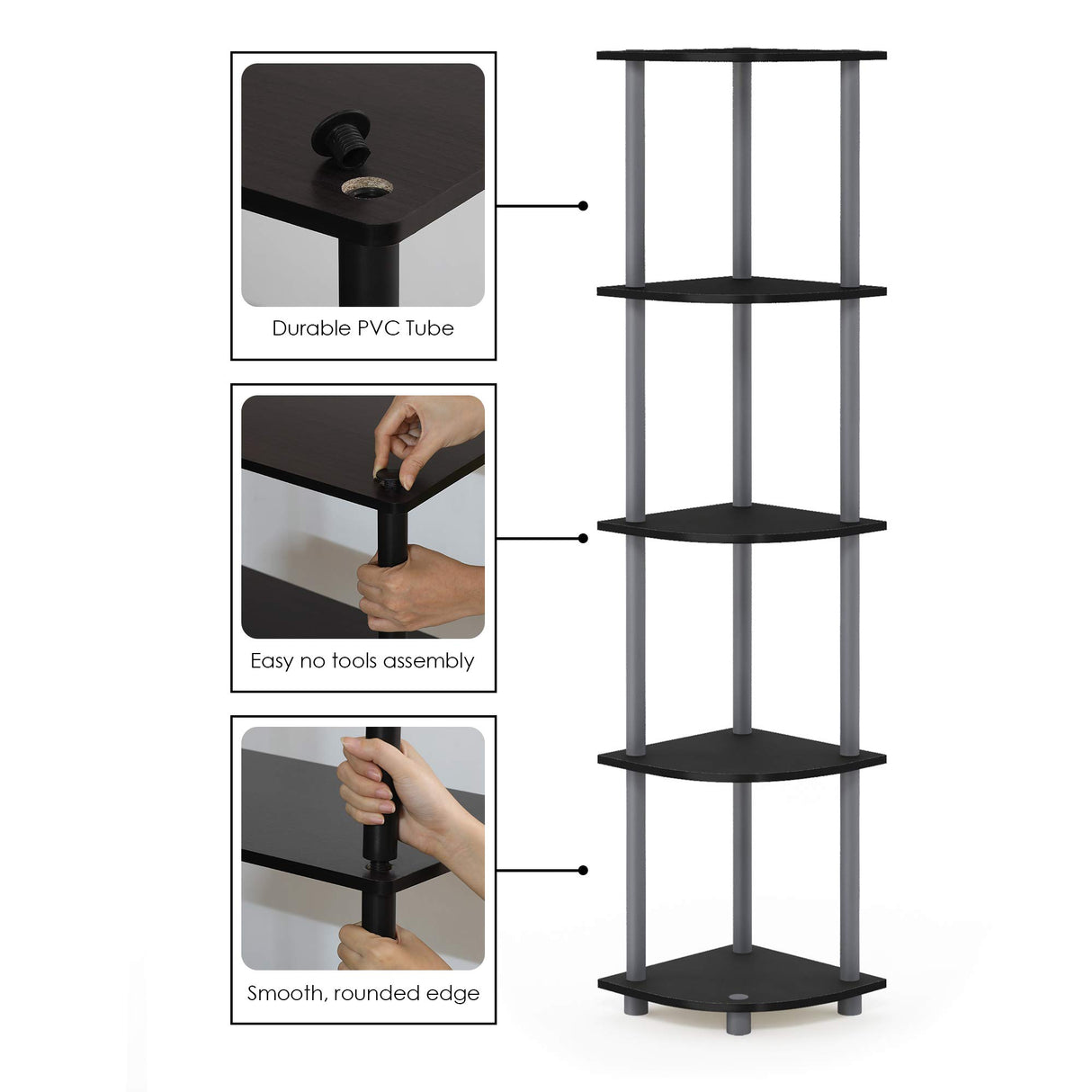 Furinno TURN-N-TUBE Corner Shelf, 5-Tier Corner Bookshelf, Open Storage Shelves, for Organization and Storage, Living Room, Home Office, Garage, Bedroom, Black Furinno
