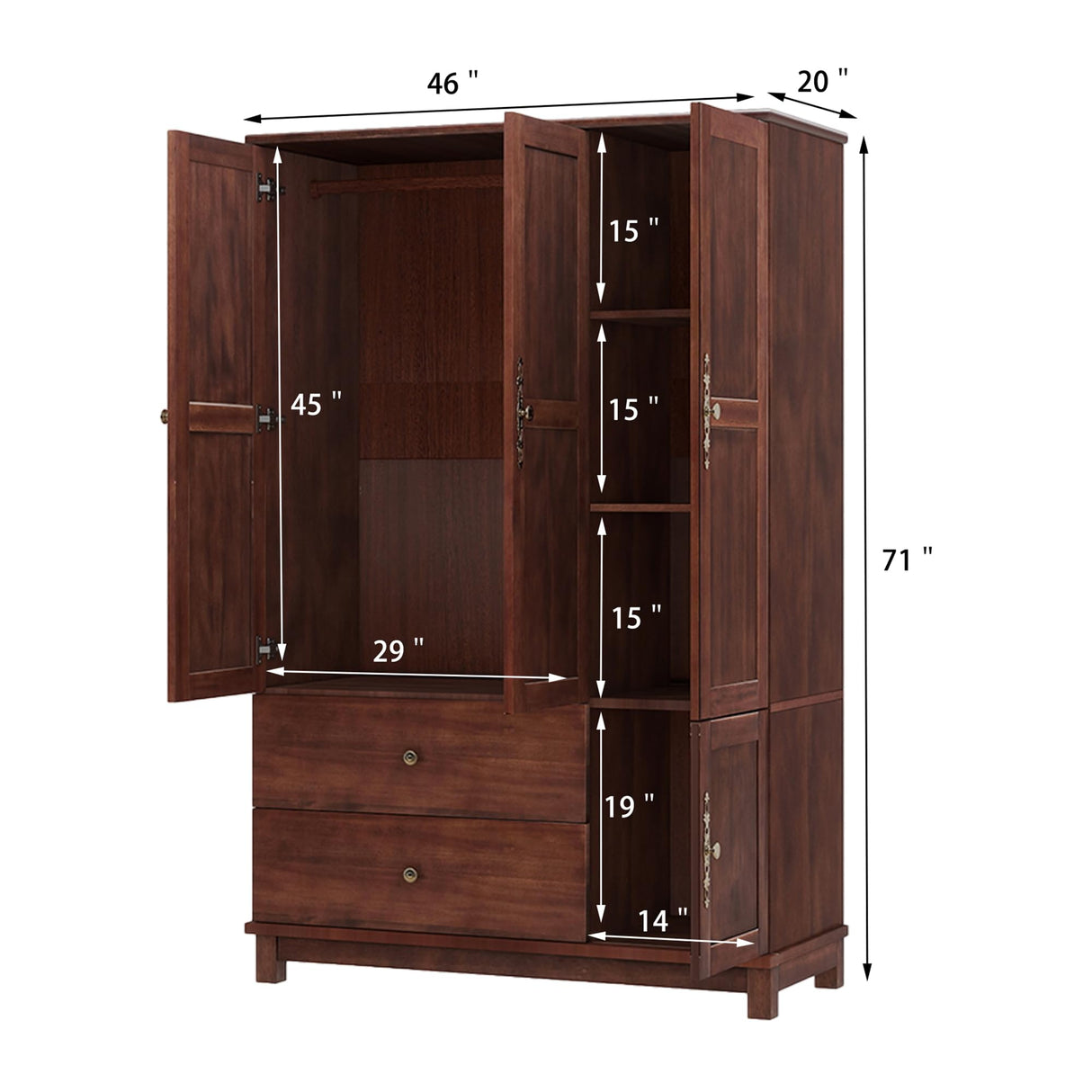 EITACHUL Solid Wood Brown Armoire Wardrobe Closet: 3 Door Solid Wood Wardrobe Cabinet with 2 Drawers, Armoire Closet with Hanging Rods Storing Clothes for Bedroom EITACHUL