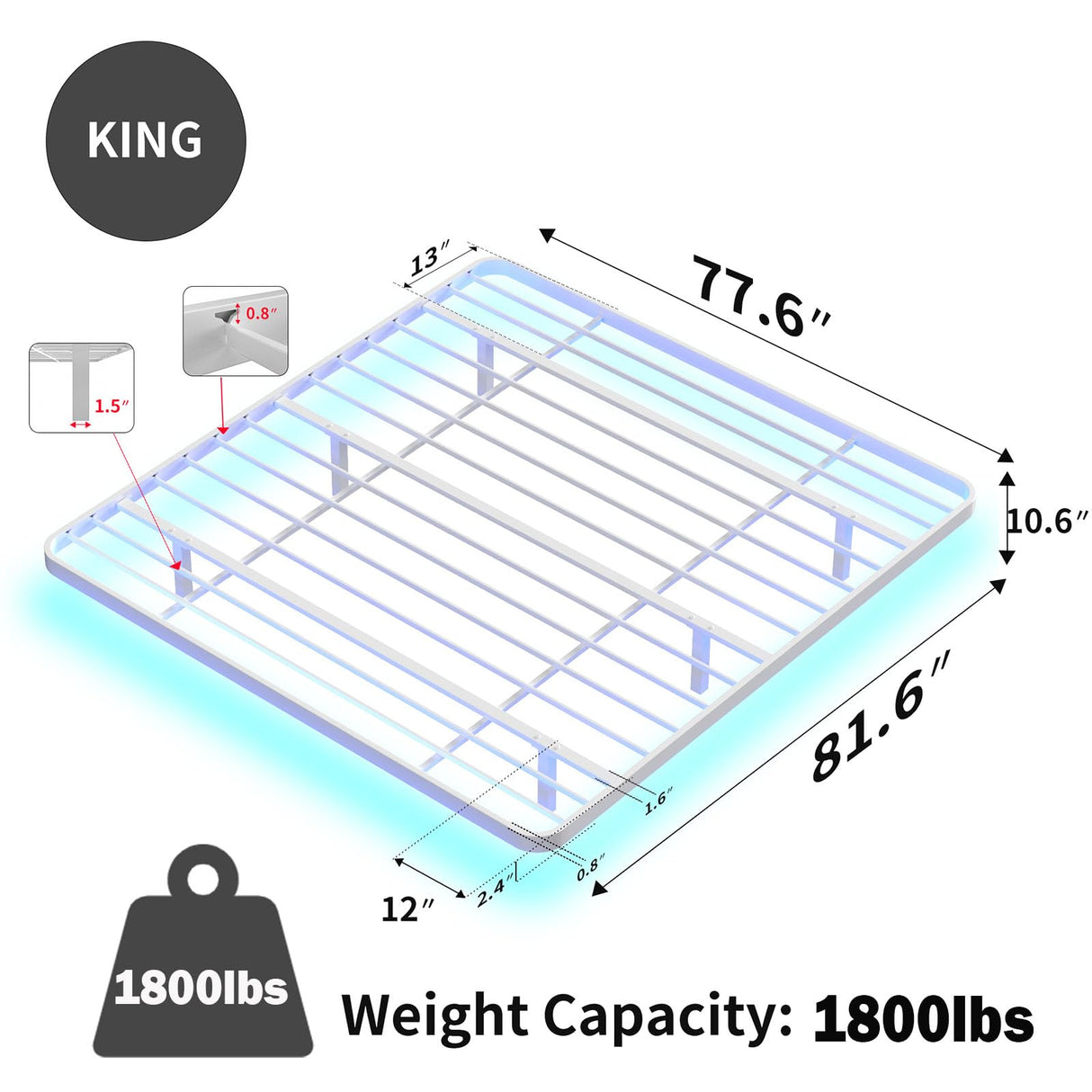 Meitewei King Size Floating Bed Frame with LED Lights - Modern Metal Platform Design, No Box Spring Needed, Noise-Free Assembly, White Meitewei