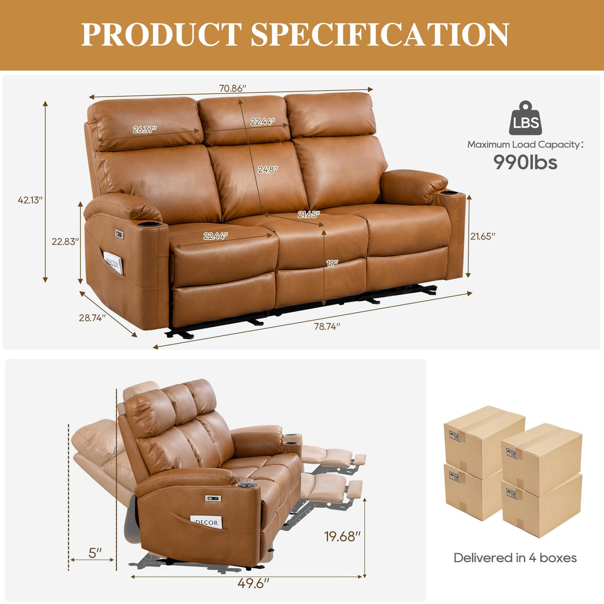 B BAIJIAWEI Power Reclining Sofa - 3 Seater Recliner Sofás, PU Leather Recliner Sofa, Home Theater Seating with Flipped Middle Backrest, Power Recliner Couch for Living Room(Brown) B BAIJIAWEI
