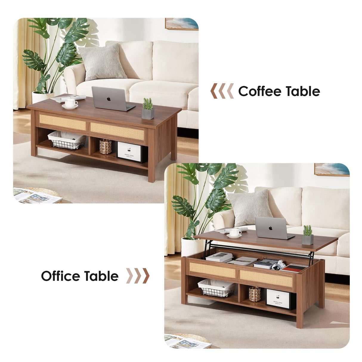 VOWNER Wood Lift Top Coffee Table with Large Hidden Compartment, Rattan Decorated Dining Table for Home Small Space, Bohemian Coffee Table with Storage for Home Living Room, Home Office, Espresso VOWNER