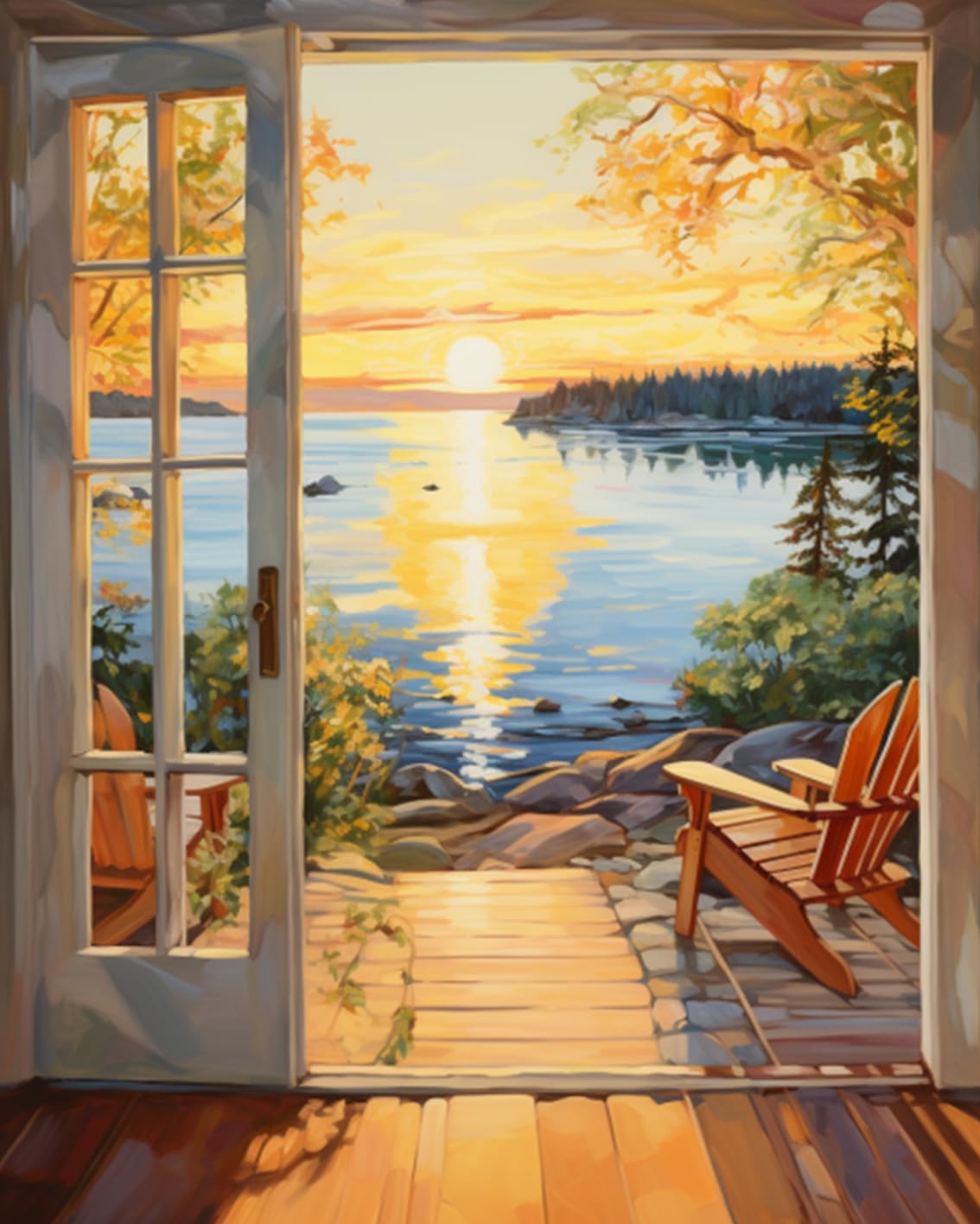 Tucocoo Door Landscape Paint by Bumbers for Adults Lake Landscape DIY Paint by Numbers Acrylic Paint Canvas Lakeside Plants Sunset Scenery Painting Kits Art 16x20 Inch(Without Frame) Tucocoo