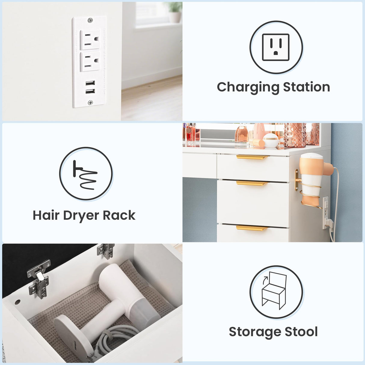 Pamapic Glass Top Vanity Desk with Mirror and Lights, 11 Drawers Makeup Vanity with Charging Station and Chair, Golden Handles Dressing Table, 3 Lighting Modes Makeup Table, White Pamapic