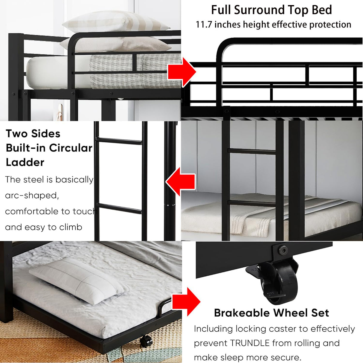 Bunk Beds, Metal Bunk Bed, Triple Bunk Bed for Kids,Teens, Adults, Girls, Boys, Detachable BunkBed Can Be Divided into 3 Twin Beds,No Box Spring Need (Black-Twin Over Full) Anwick