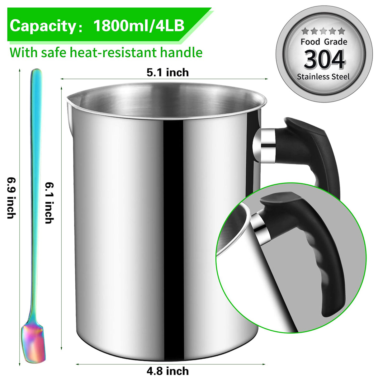 ABK Candle Making Pouring Pot, 1800ml/60oz Double Boiler Wax Melting Pot, 304 Stainless Steel Candle Making Pitcher with Heat-Resistant Handle and Dripless Pouring Spout Design,1Pc Spoon ABK