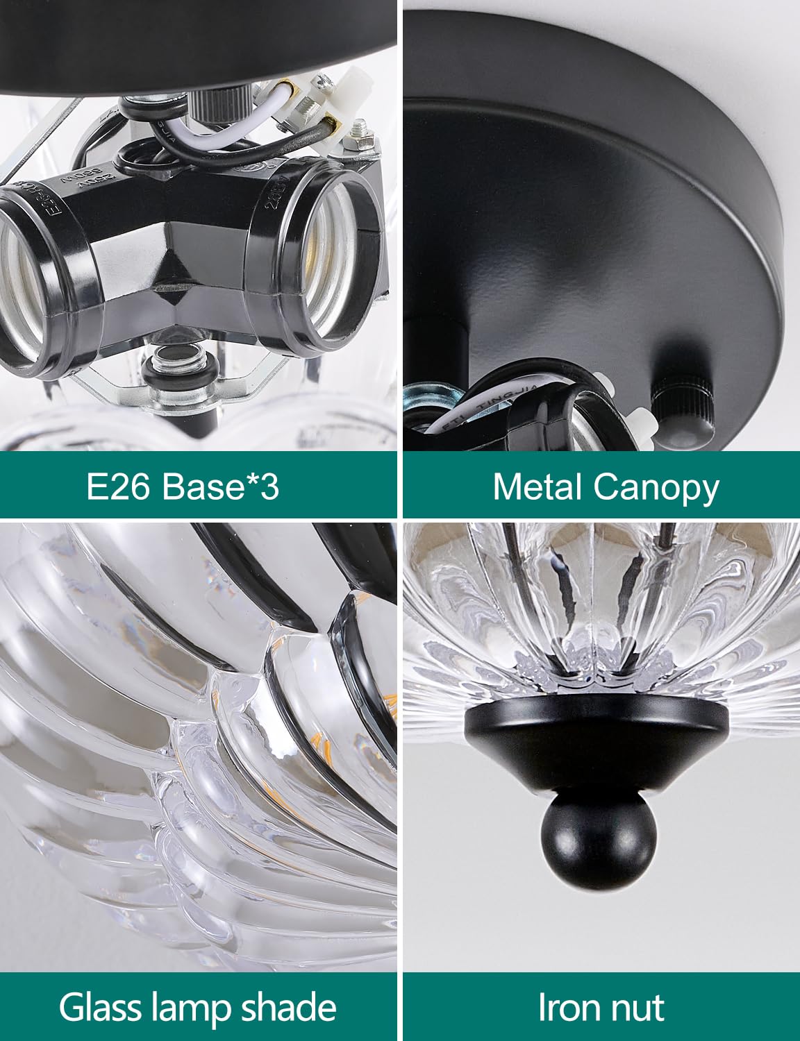 Semi Flush Mount Ceiling Light, Crystal Glass Ceiling Light Fixture, 3-Bulb Modern Black Close to Ceiling Light, Vintage Glass Ceiling Lights for Bedroom Kitchen Living Room, Bulb Not Included SIJINCHEN