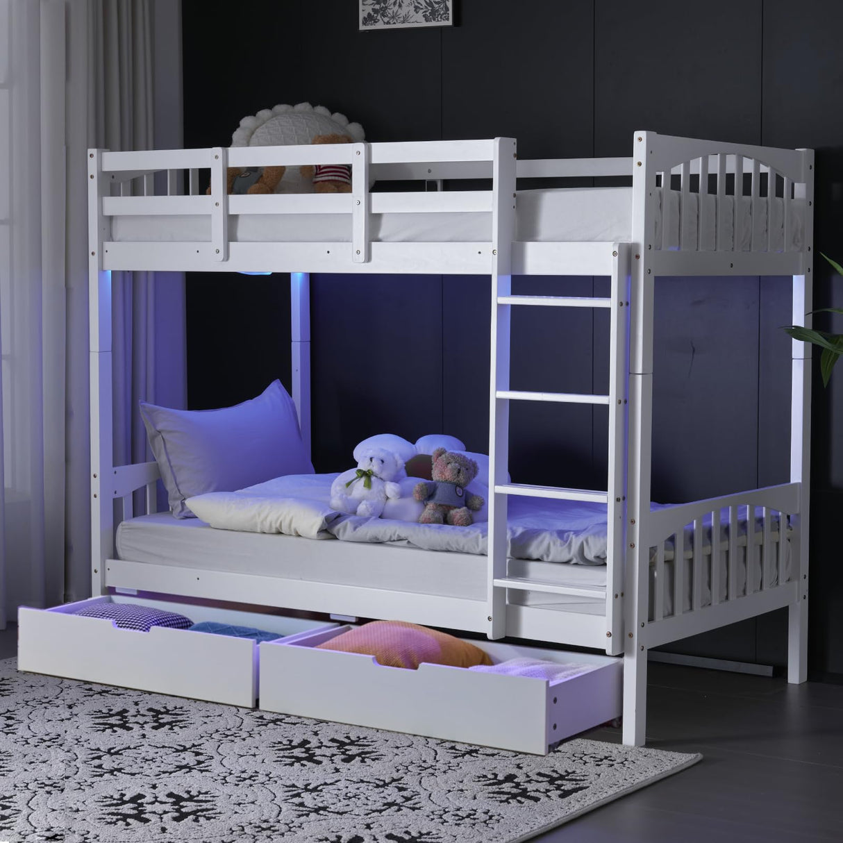 VINGLI Bunk Bed Twin Over Twin with 2 Storage Drawers/RGB LED/Charging Station, Convertible Solid Wood Bunk Bed Frame with Ladders, White VINGLI