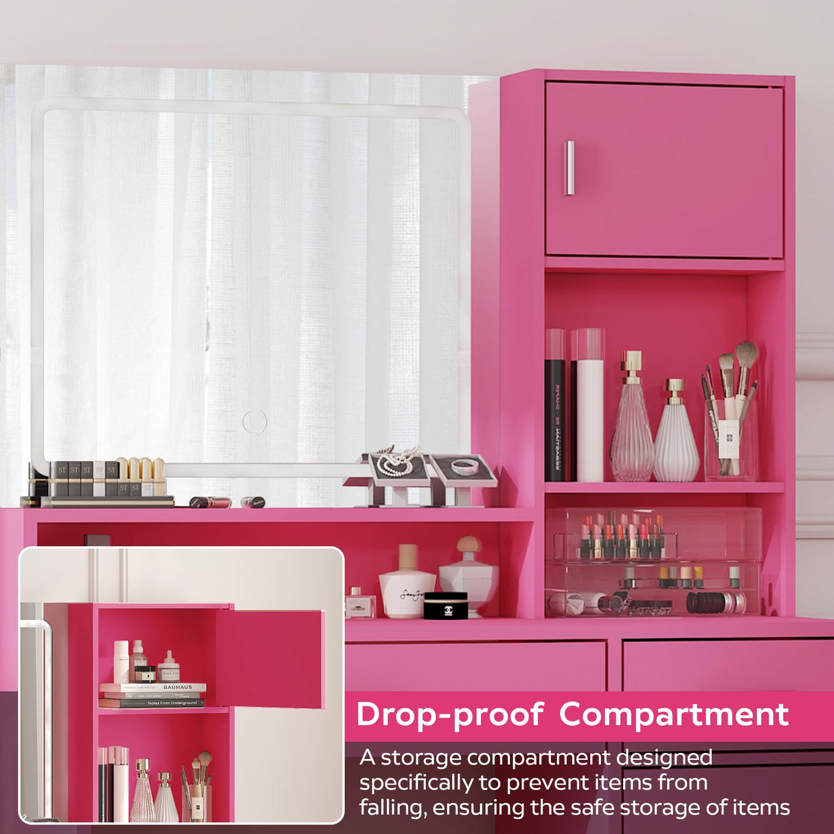 MIRROTOWEL Vanity Desk with Mirror and LED Light Strip,Dressing Table with Large Drawer, 3 Level Storage Dresser & 3 Lighting Modes Adjustable Brightness, Suitable for Bedroom MIRROTOWEL