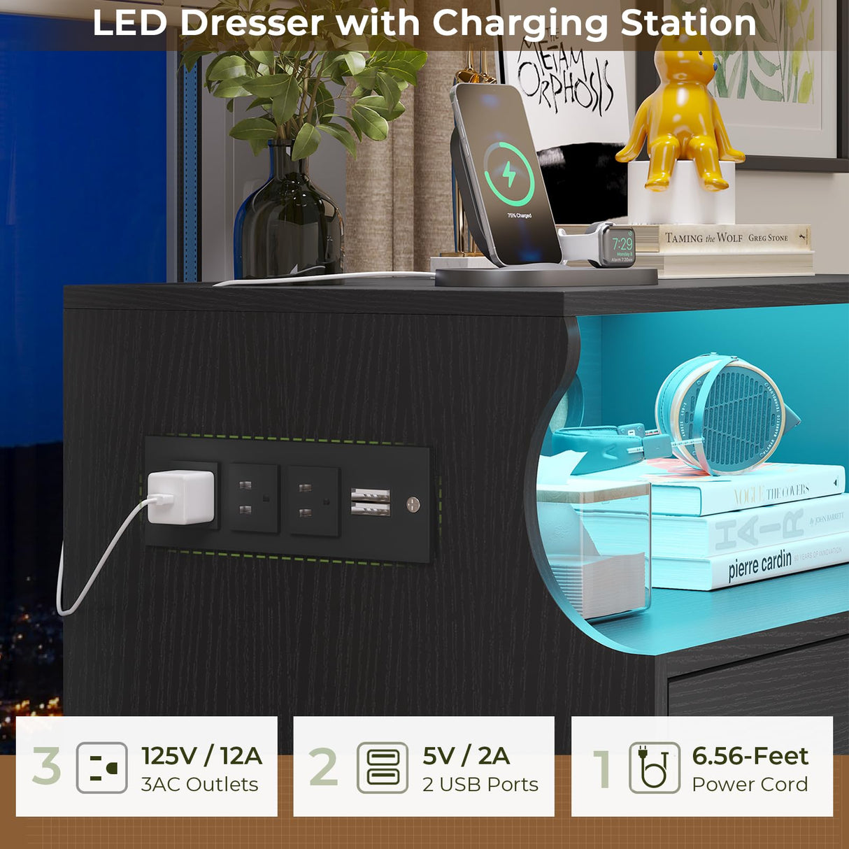 Hasuit Black Dresser with Charging Station, 4 Drawers LED Dresser for Bedroom, Chest of Drawers with Open Space, Large Capacity Tall Storage Cabinet, Black Dresser for Bedroom Hasuit