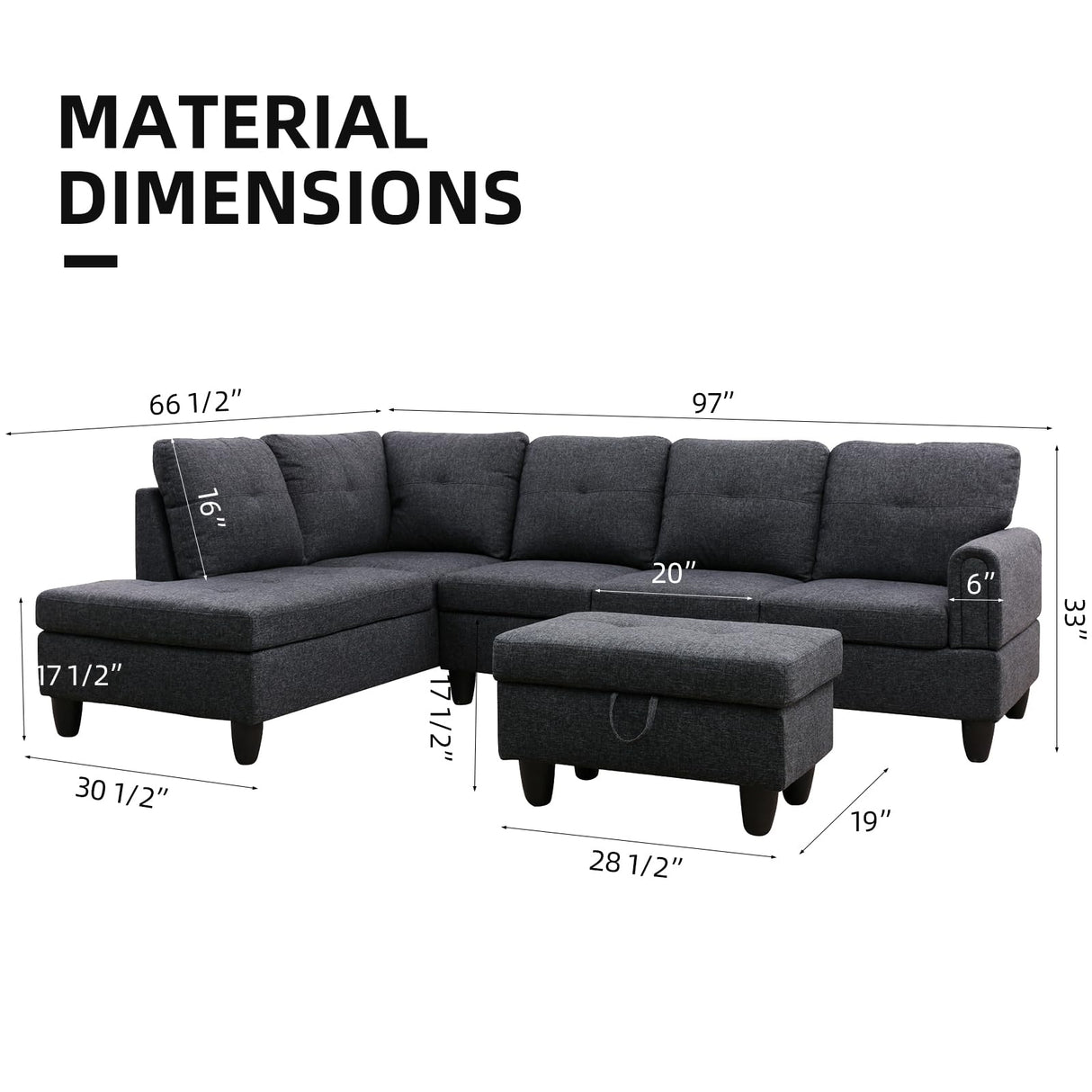 GlasFlength L Shaped Sectional Couch Sofa with Ottoman, Modern Couches for Living Room, Microfiber Facing, Bedroom GlasFlength