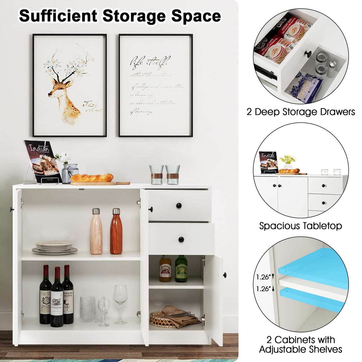 Giantex Buffet Cabinet with Storage - Kitchen Sideboard with 2 Drawers, 3-Door Large & Small Cabinet, Adjustable Shelves, White Pantry Cupboard for Dining Room, Console Table for Entryway Giantex