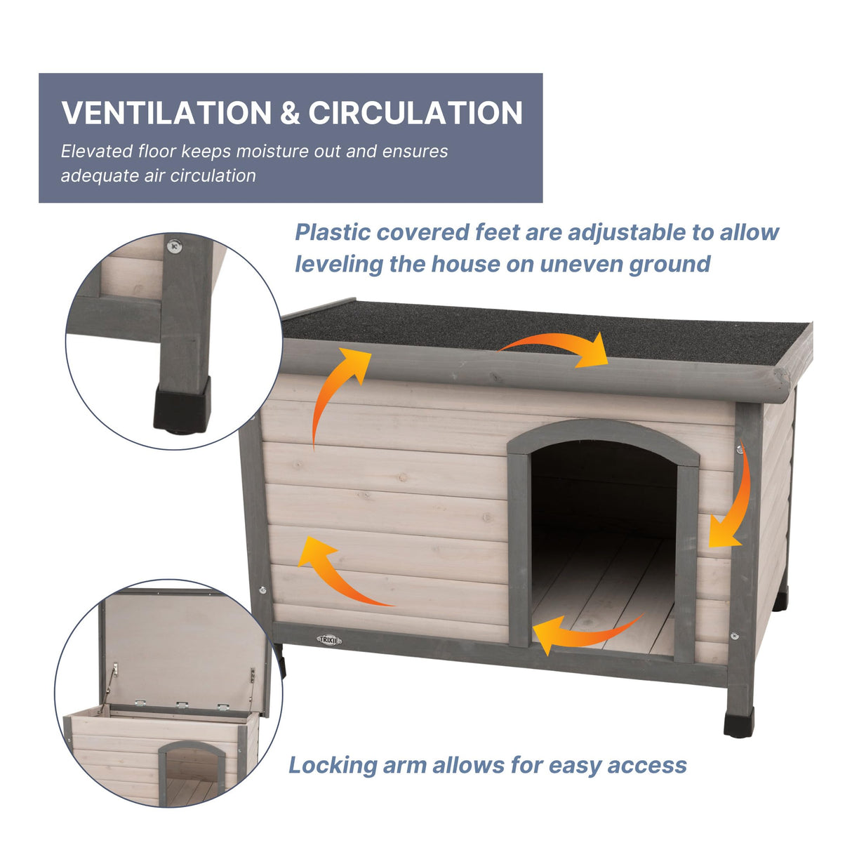 Trixie Natura Classic Dog House Small Outdoor Wooden Dog House with Weatherproof Sealer & Hinged Roof, Adjustable Legs for Small Dogs in Grey 23.75 x 33.5 x 23 in TRIXIE