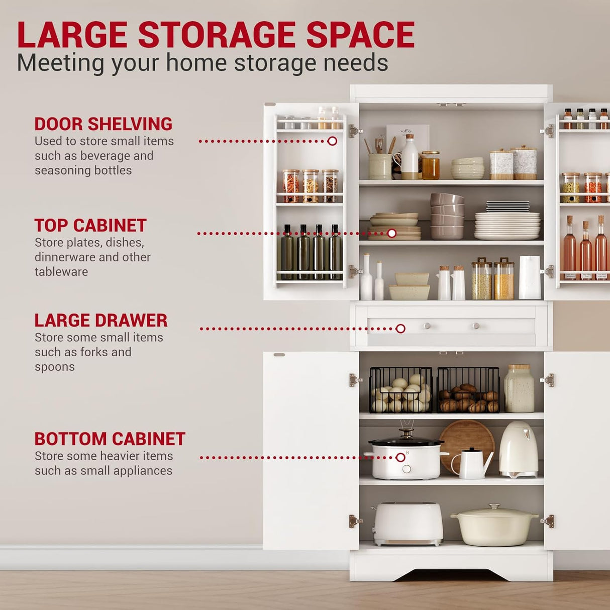 72" Tall Kitchen Pantry Storage Cabinet with Barn Doors Shelves & Drawer, Wood Farmhouse Pantry Cabinet with 4 Adjustable Shelves, Freestanding Cupboard for Dining Room Living Room, Laundry- White ChicHabitat