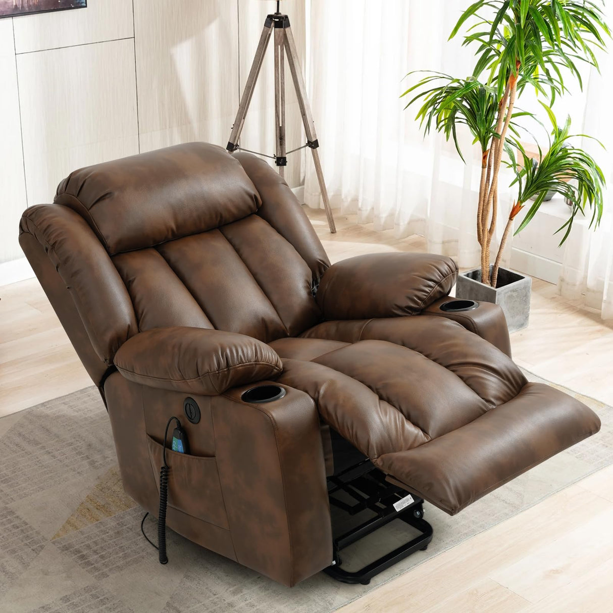 COOSLEEP Power Lift Recliner Chair for Elderly with Massage and Heat, Breathable Leather Recliner Chair for Adults, 2 Cup Holders, USB Ports, Electric Support of Metal,Remote(Light Brown) COOSLEEP HOME