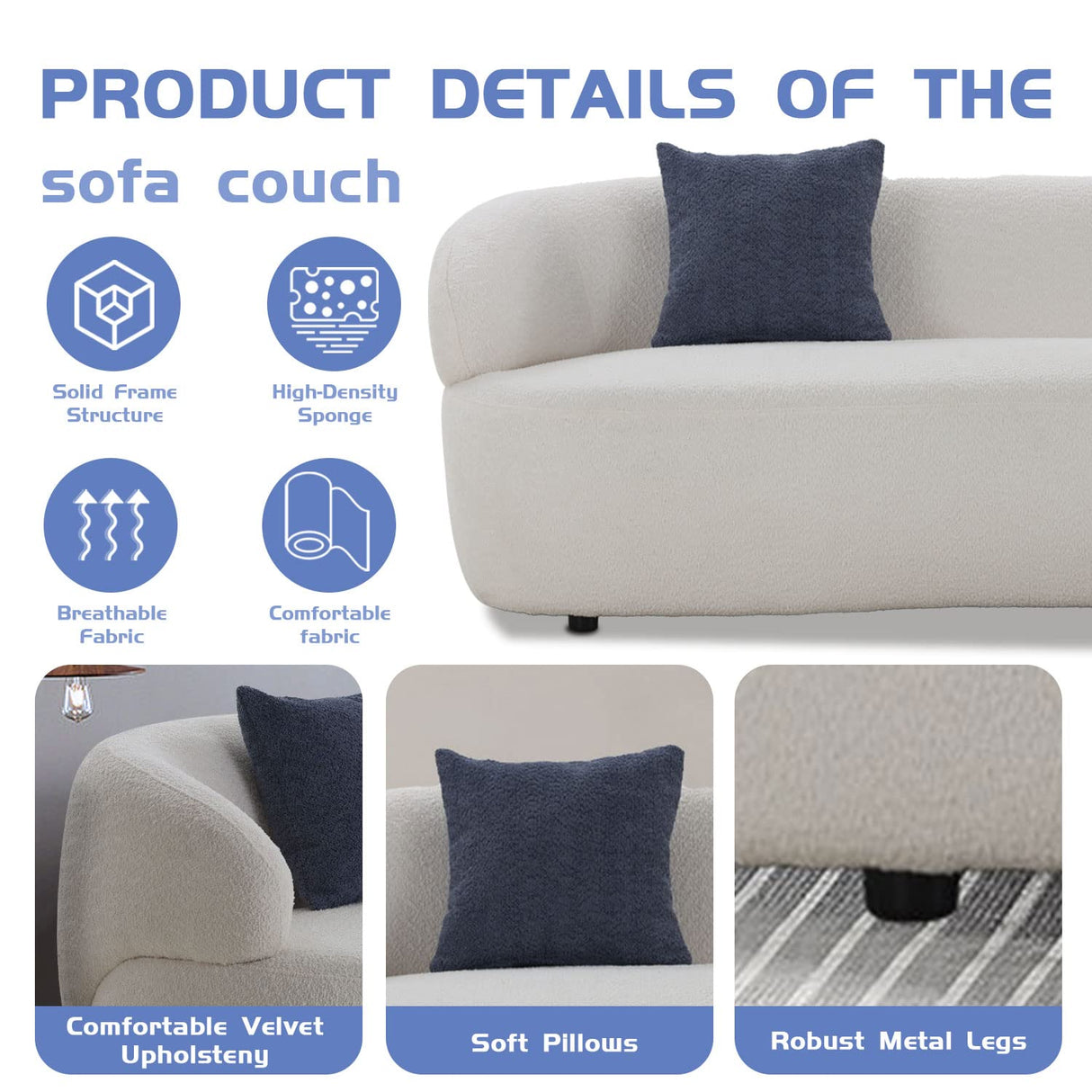 JUSTONE Mid Century Modern Curved Living Room Sofa, 3-Seat Boucle Fabric Couch for Bedroom, Office, Apartment, Beige JUSTONE