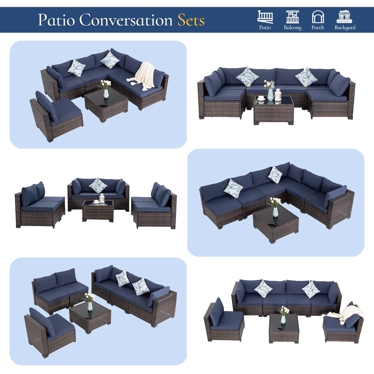 FHFO 7 Piece Outdoor Wicker Patio Furniture Set, Rattan Sectional Sofa Couch, Patio Conversation Set with Cushion & Coffee Table, for Backyard Poolside Porch Garden, Brown-Blue FHFO