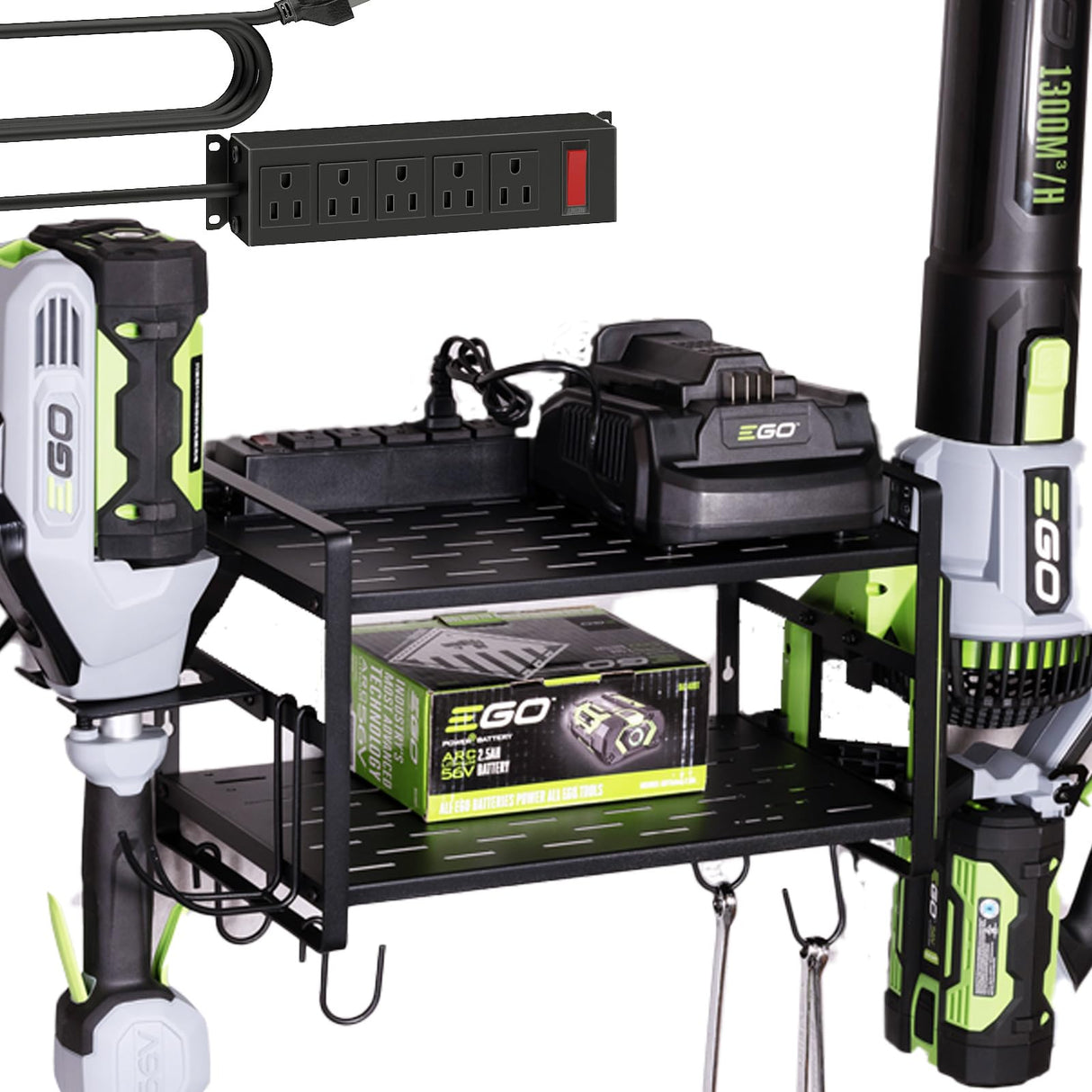 KAFAHOM Leaf Blower and Weed Eater Rack with Charging Station, Lawn Power Tool Organizer Wall Mount, Lawn Tool Storage Rack for Leaf Blower, Weed Eater, Battery, Charger, Black KAFAHOM