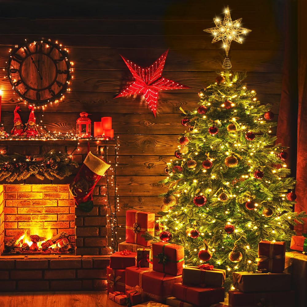 DULEFUN Christmas Tree Topper Lighted 13.5” Gold Star Tree Toppers with 20 LED Lights Christmas Tree Top Ornament for New Year Holiday Home Office Indoor Decorations DULEFUN
