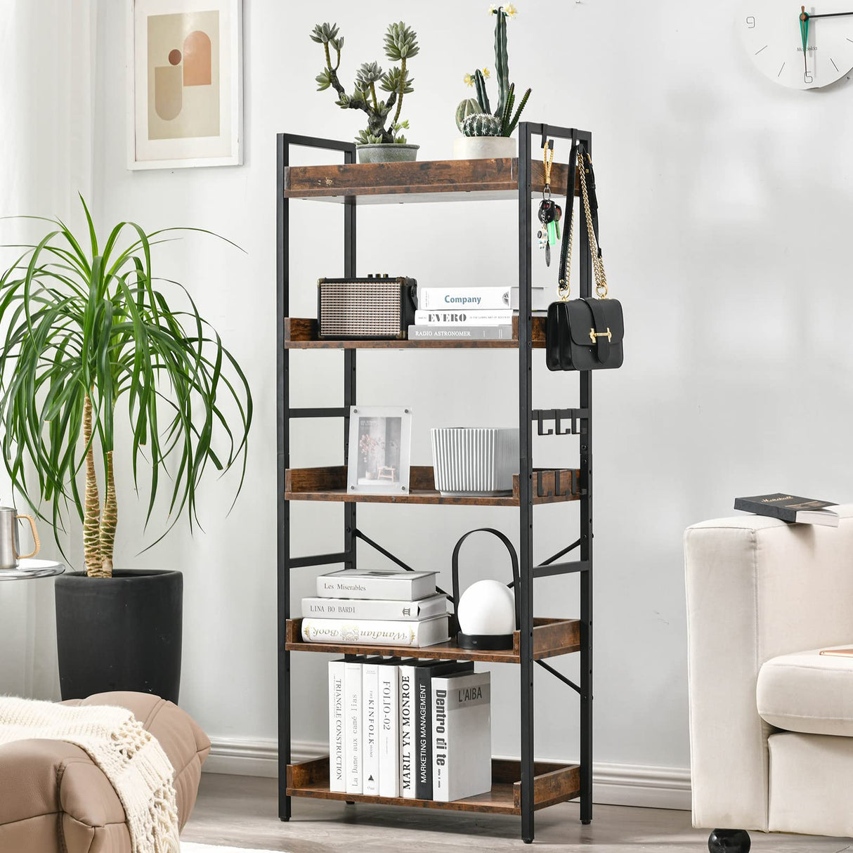 HCHQHS Rustic Brown 5-Tier Adjustable Open Bookcase with Industrial Metal Accents HCHQHS