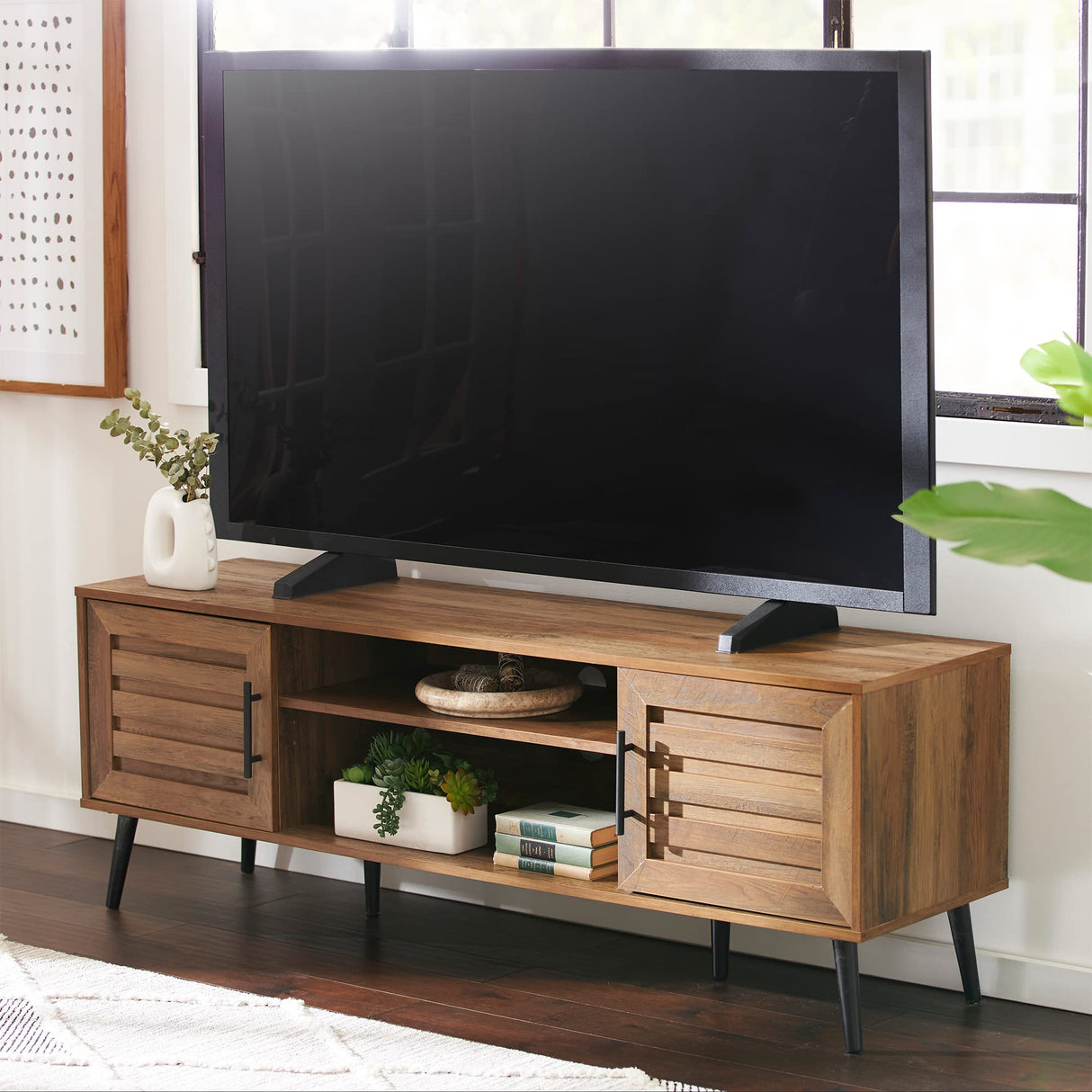 JOMEED Mid Century Modern Wooden TV Stand Entertainment Center Console with Open Shelving and 2 Cabinets for Televisions up to 65 Inches, Walnut JOMEED