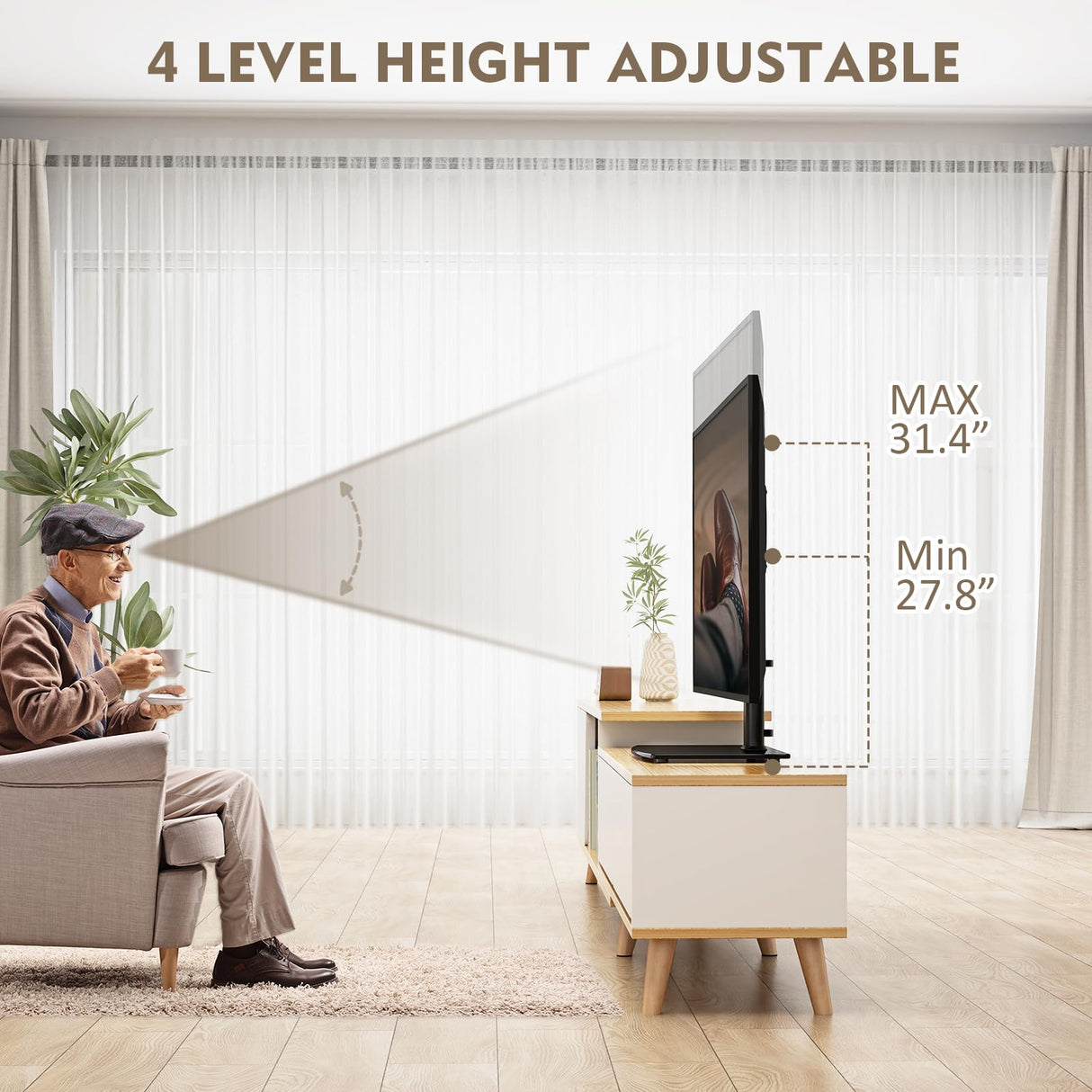 Universal Swivel TV Stand/Base Table Top TV Stand 32 to 65 inch TVs 80 Degree Swivel, 4 Level Height Adjustable, Heavy Duty Tempered Glass Base, Holds up to 88lbs Screens, HT04B-002 Hemudu