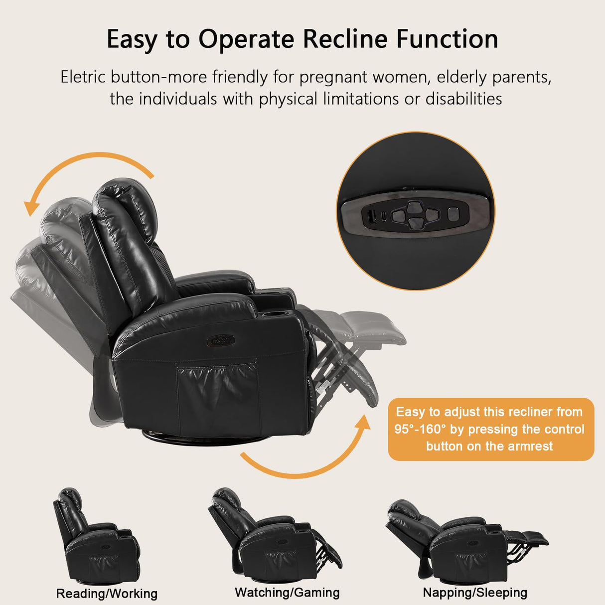 IBTKIG Power Swivel Rocker Recliner Chair with Massage and Heat/LED Lights/USB and Type-C Ports/Infinite Position/Cup Holder, Electric Glider Reclining Sofa for Nursery Living Room (1, Black) IBTKIG