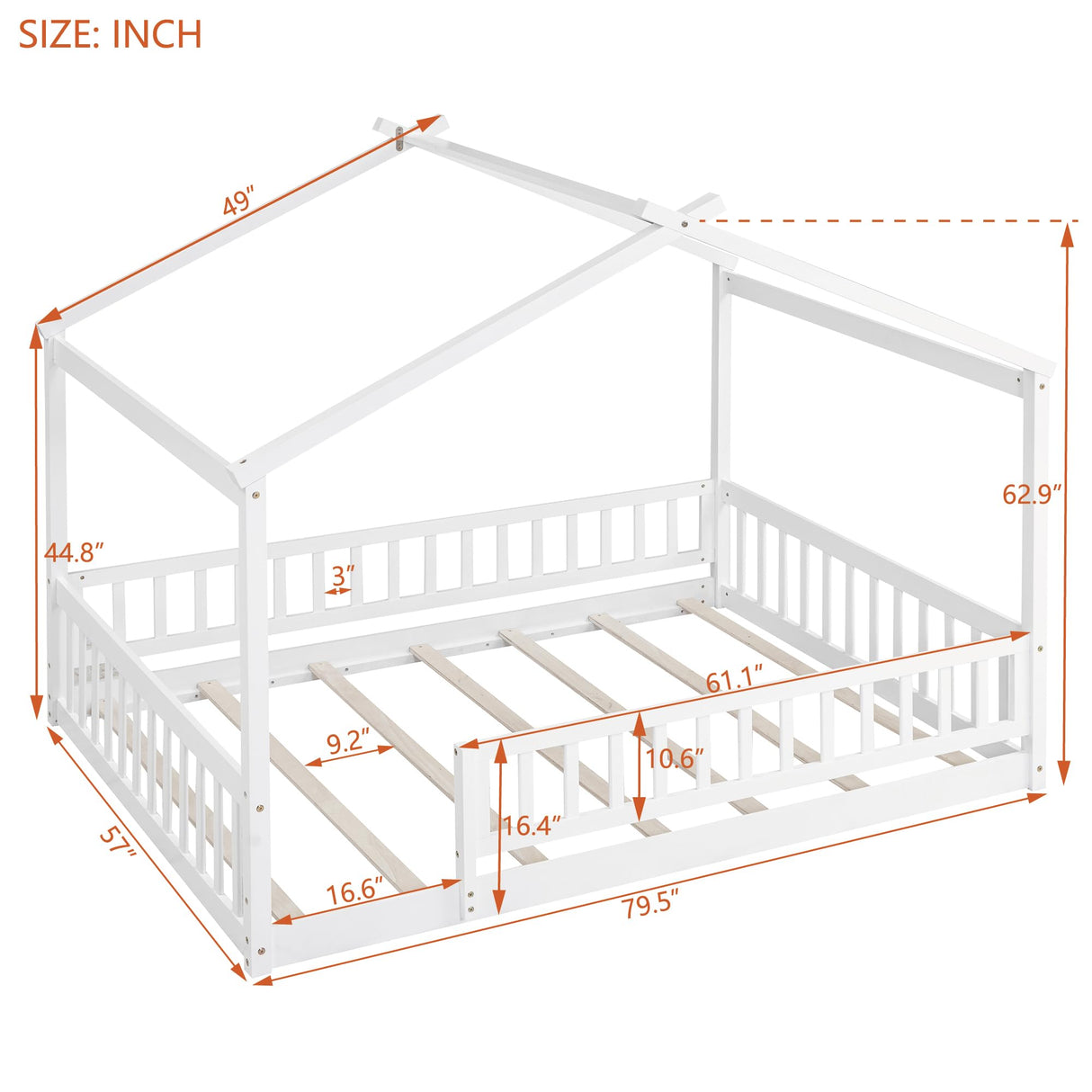 House Bed Full Size Floor Bed with Fence Railings, Wooden Montessori Style Bed Frame for Kids, Fun Playhouse Beds for Girls Boys, White Bellemave