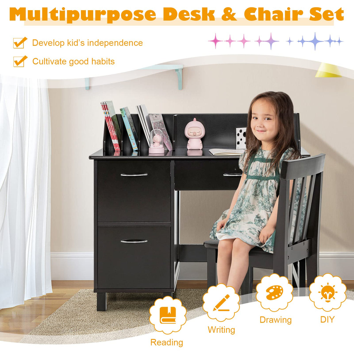 HONEY JOY Kids Desk and Chair Set, Wooden Children School Study Table and Chair w/Drawer, Storage Shelf & Cabinets, Student Computer Workstation Writing Desk for Bedroom, 3-8 Years Old (Dark Brown) HONEY JOY