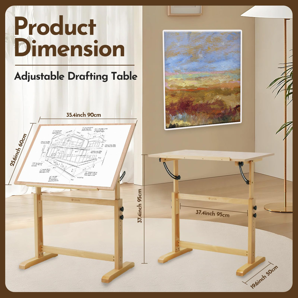 conda Wood Adjustable Drafting Table 35.5" x 23.5" - Beech Wood Art Desk with Adjustable Height & Tilting, Pencil Ledge, and Ruler for Writing, Reading, Design, and Crafting conda