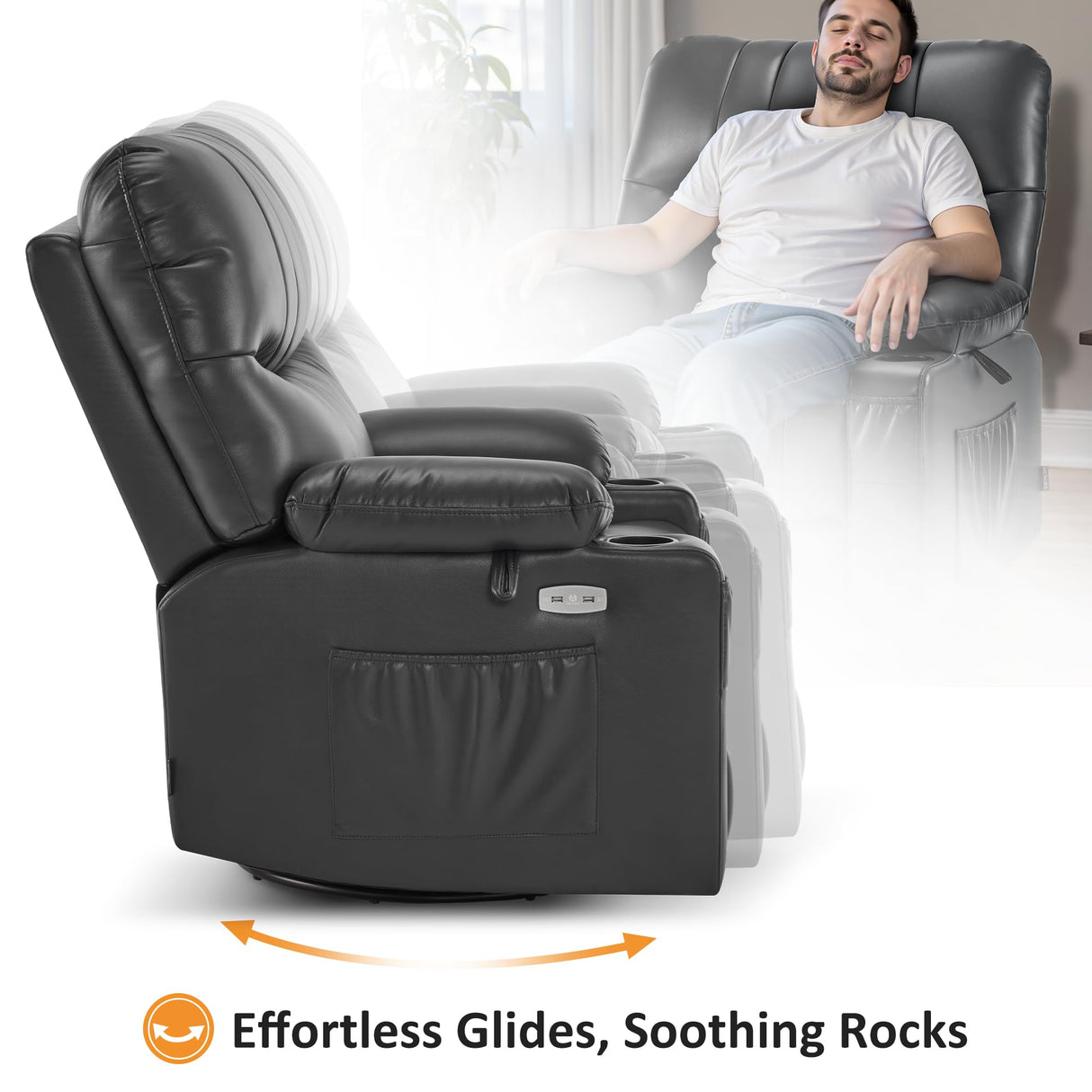 MCombo Oversized Swivel Glider Rocker Power Recliner Chair for Living Room with Heat and Vibration Massage, USB Ports, Cup Holders and Pockets, Faux Leather 7785 (Dark Grey) MCombo