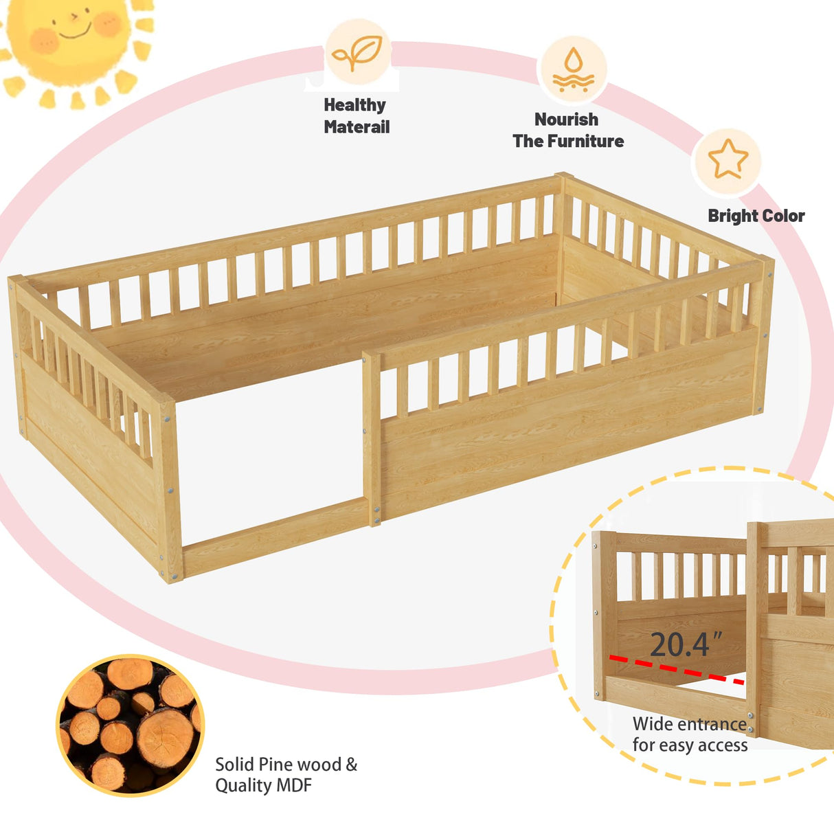 Mirightone Twin Size Montessori Floor Bed with High Fence Railings – Natural Wood Playhouse Design for Kids Mirightone