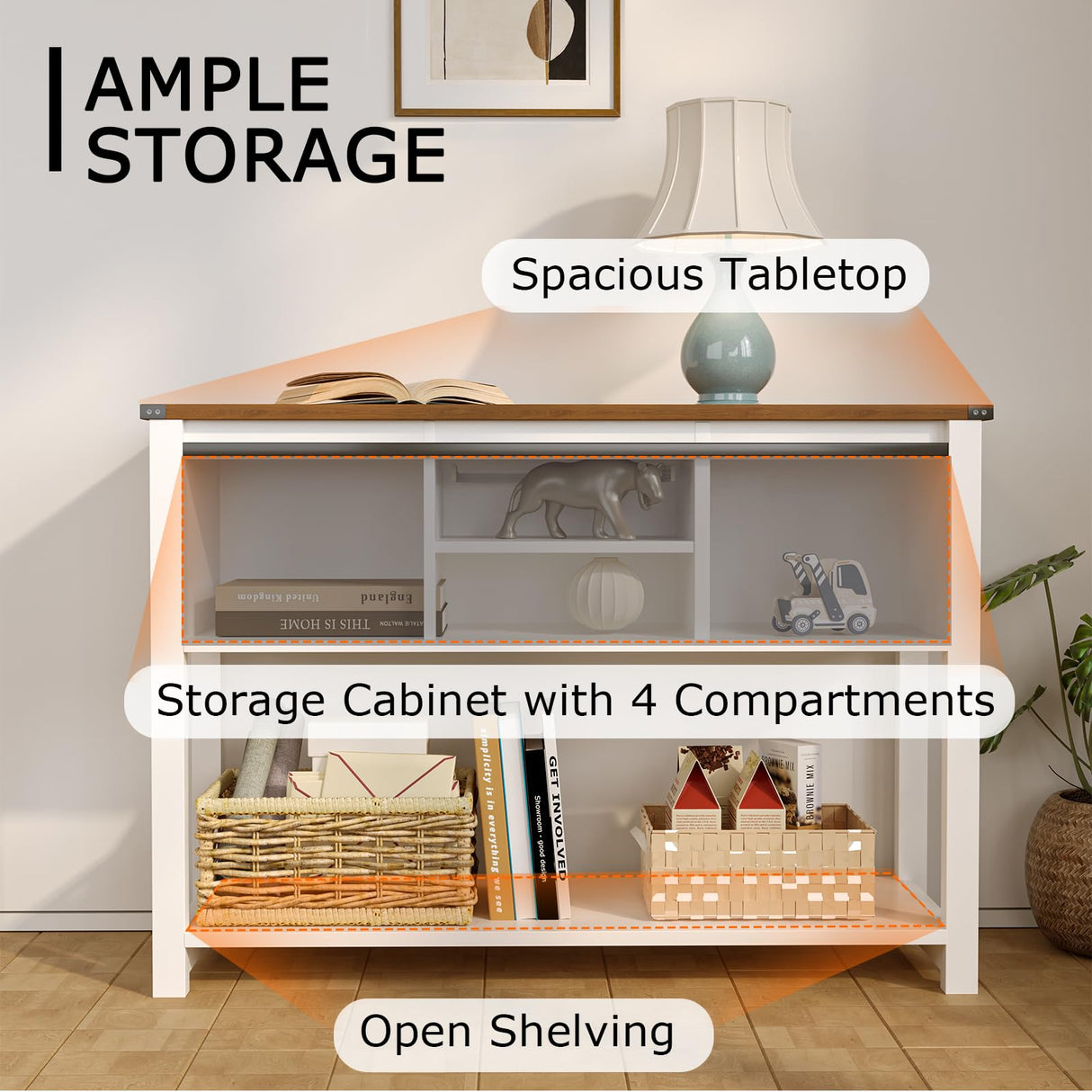 HXBOAUVS Farmhouse Entryway Table with LED Light, Sofa Table with Sliding Barn Door, Adjustable Open Shelves, 46" Rustic Console Table with Storage, Antique White Hallway for Living Room Bedroom HXBOAUVS