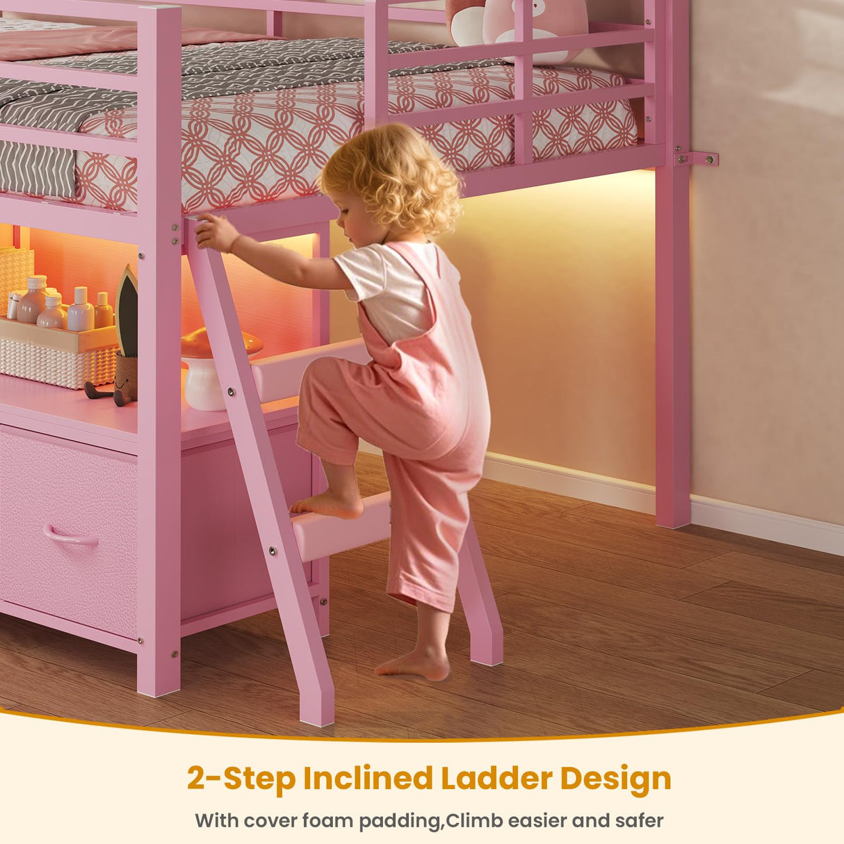 ADORNEVE Low Loft Bed Twin Size with 7 Storage Drawers, Bookcase and LED Lights, Metal Kids Loft Bed with 14" H Safety Guardrail,Inclined Ladder and Play Curtain, Under-Bed Play Space,Pink ADORNEVE