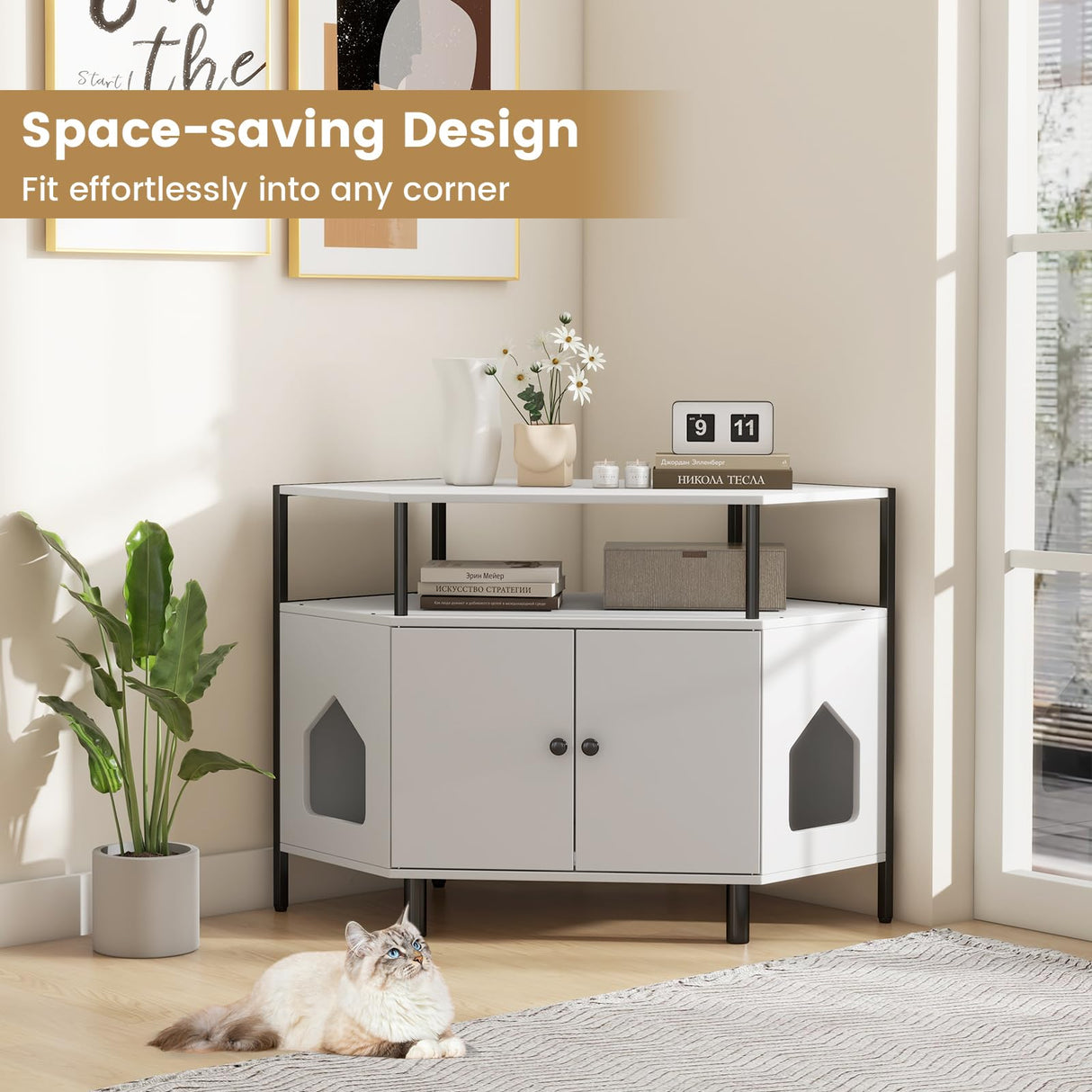 PETSITE Corner Cat Litter Box Enclosure, Litter Box Corner Cabinet with 2 Entrances, Open Shelf, and Double Doors, Industrial/Modern Style Hidden Litter Box Furniture for Cat Kitty (White) PETSITE