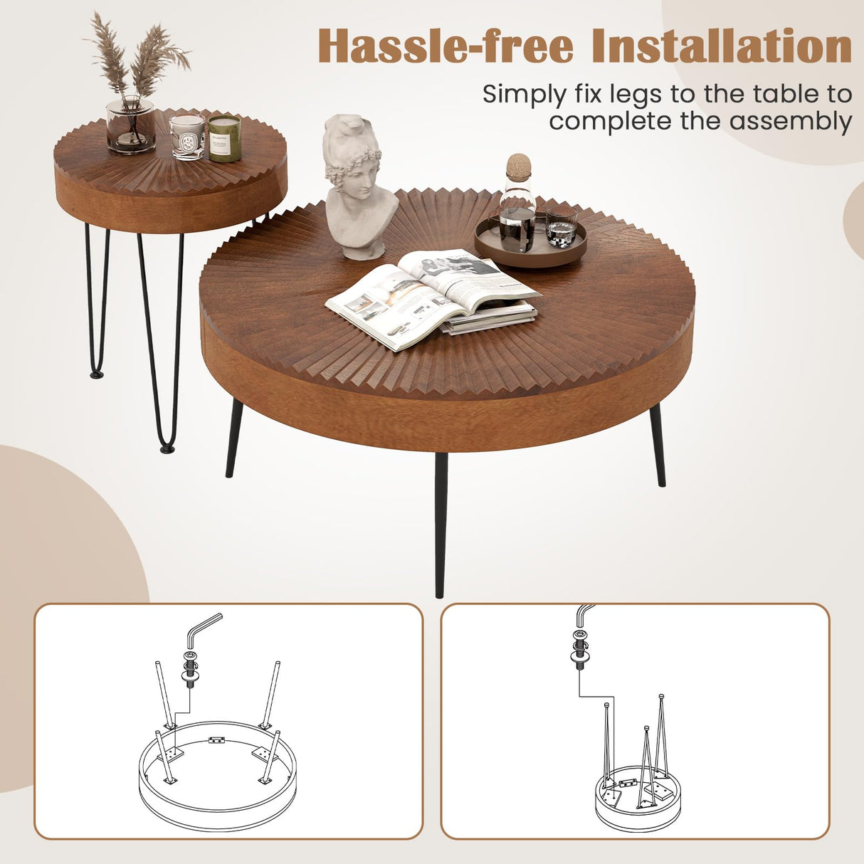COSTWAY Farmhouse Round Coffee Table Set of 2, Rustic Sofa Side Tea Tables w/Wood Finish, Metal Frame, Adjustable Foot Pads, Nesting End Table Set for Living Room, Bedroom (Radial Pattern, Brown) COSTWAY