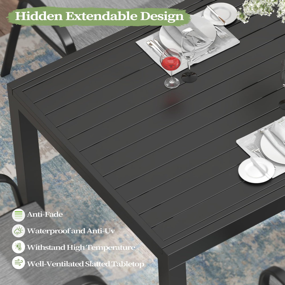 PIZZELLO 7 Pieces Outdoor Dining Set, 106" Aluminum Extendable Patio Dining Table w/ 6Pcs Stackable Patio Chairs, All Weather Outdoor Table and Chairs Sets for Backyard, Garden, Deck and Poolside PIZZELLO