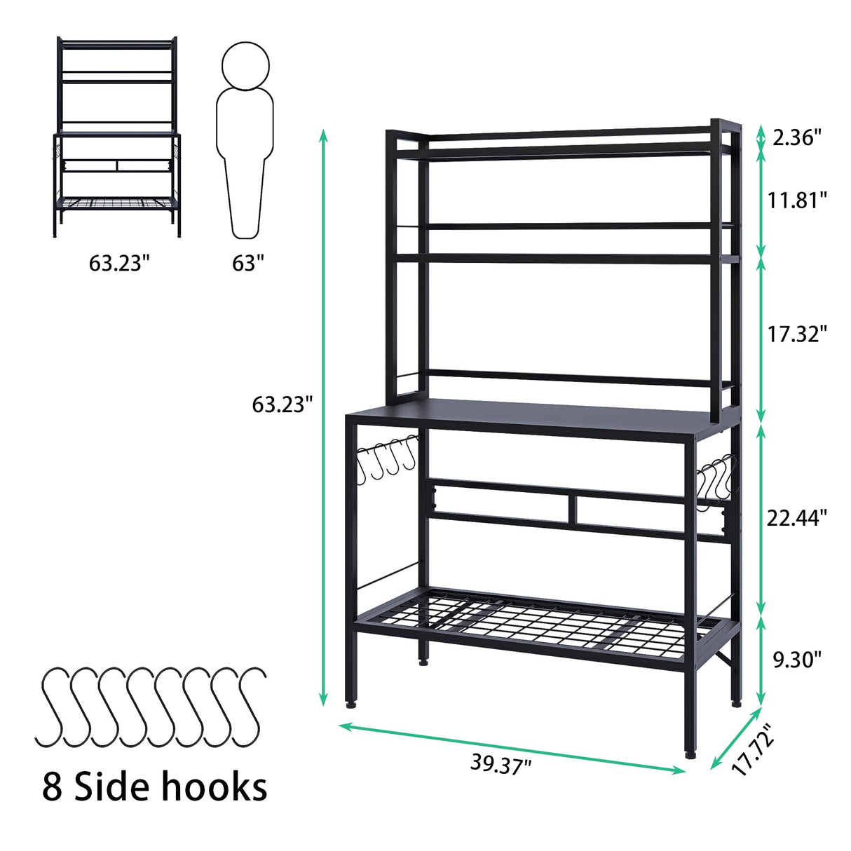 FUXJUM 63” Metal Potting Bench&Table with Metal Tabletop, 4-Tier Plant Shelves, 8 Side Hooks, Outdoor/Indoor Gardening Workstation and Plant Stand, Black FUXJUM