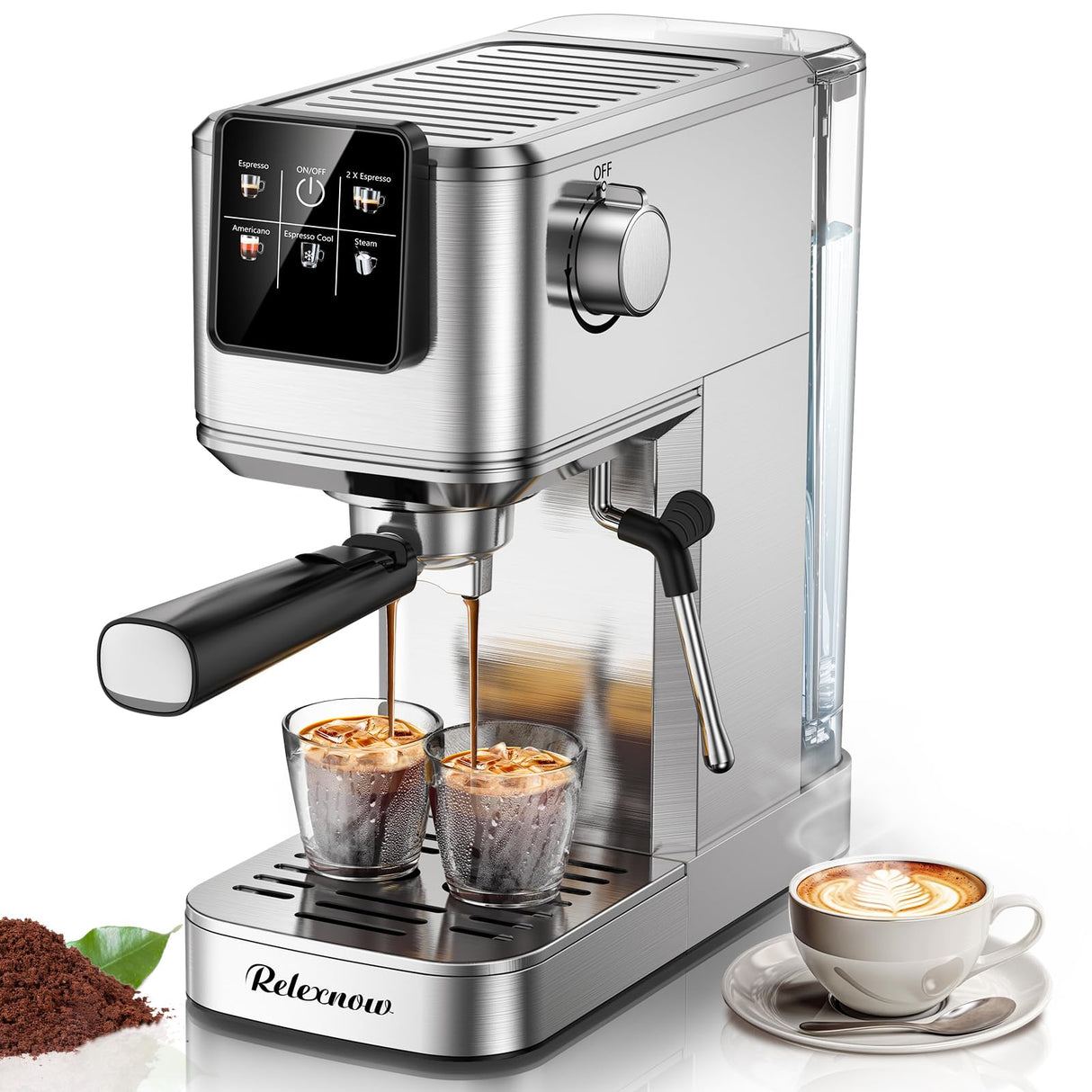 RELEXNOW Espresso Machine, 20 Bar Espresso Maker Milk Frother & LCD Panel, Hot & Iced Coffee Machine, Stainless Steel Espresso Coffee Machine with 41oz Water Tank for Cappuccino, Latte RELEXNOW
