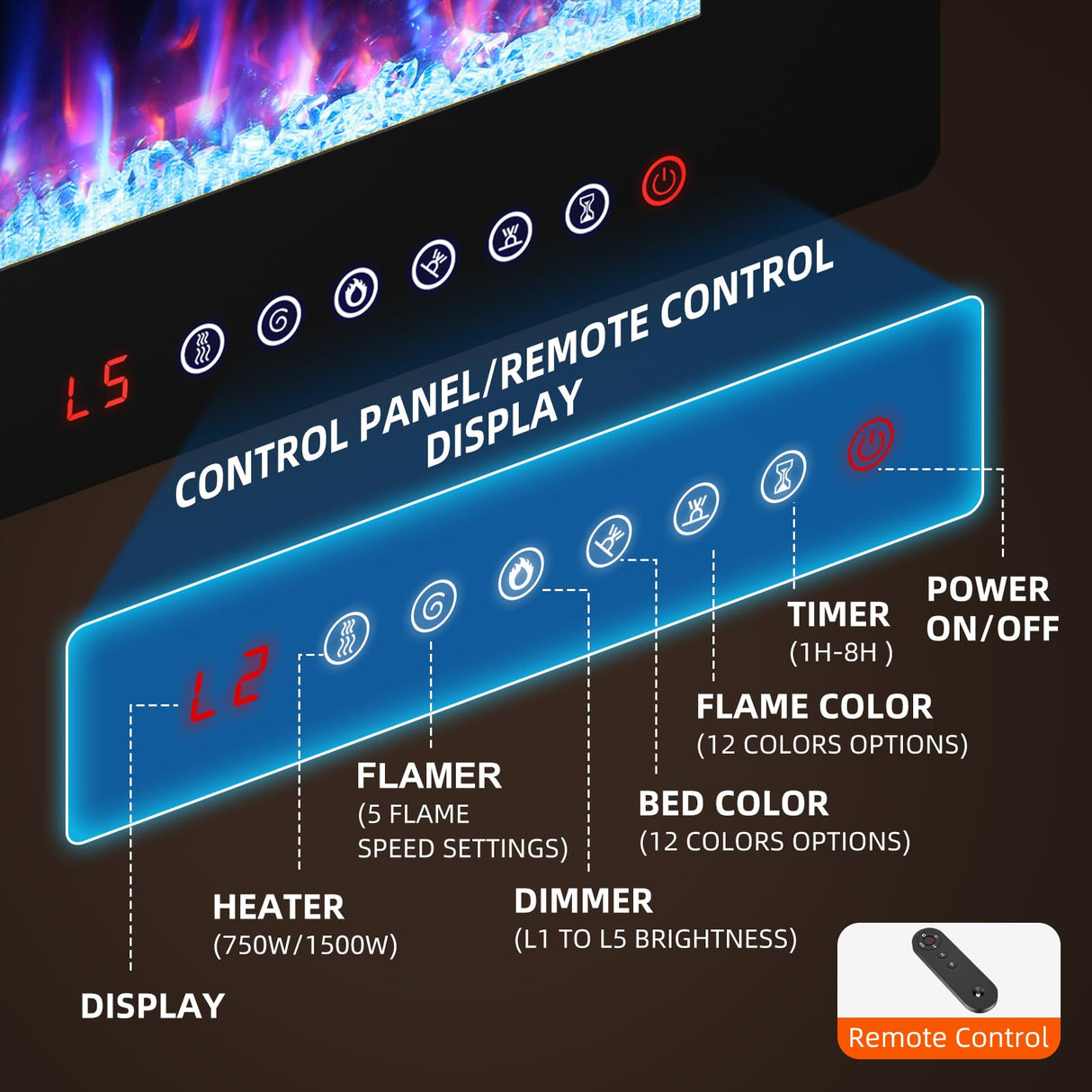 BREEZEHEAT 60 inch Electric Fireplace Wall Mounted/Freestanding-Ultra Thin Fireplace Inserts for Living Room with Heater, Remote Control, Touch Screen, Led Flame, 8H Timer, 750w/1500w BREEZEHEAT