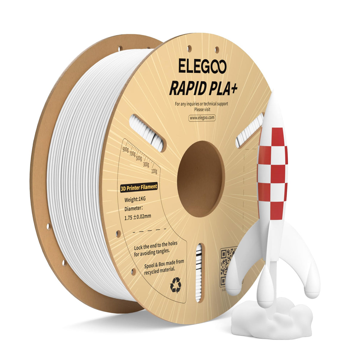 ELEGOO Rapid PLA Plus Filament 1.75mm White 1KG, PLA+ 3D Printer Filament for 30-600 mm/s High Speed Printing, Dimensional Accuracy +/- 0.02 mm, 1kg Cardboard Spool(2.2lbs) ELEGOO