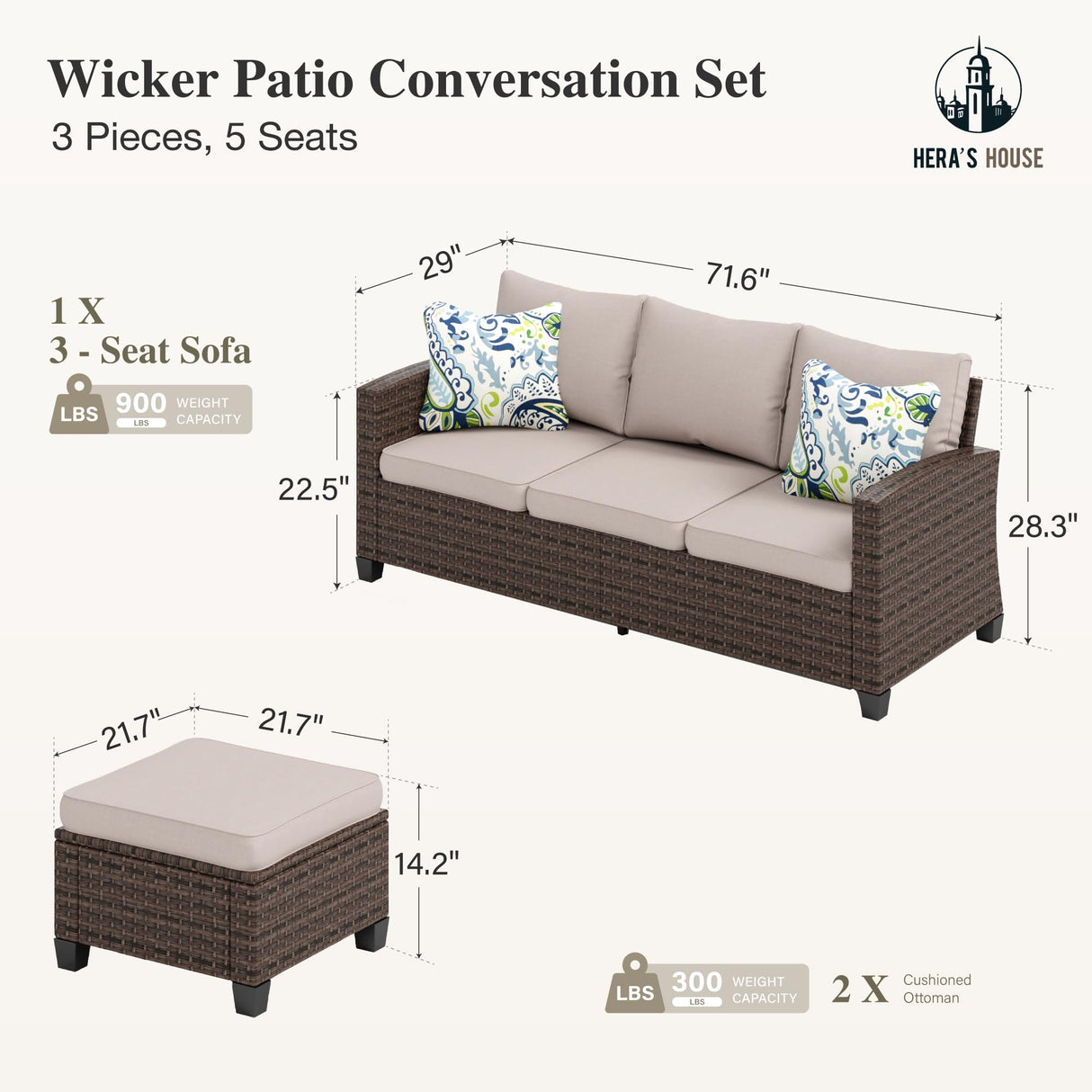 Small Patio Furniture Set, 3 Pieces Wicker Outdoor Sectional Set, L-Shaped Patio Couch Set, Modular Rattan Conversation Set with Lounge Sofa and Ottomans for Deck Lawn Garden, Beige HERA'S HOUSE